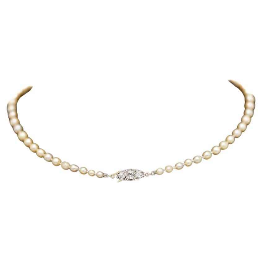 Old necklace made of 56 saltwater cultured pearls with a cream color and dimensions of approx. 3.70 - 8.00 mm. Necklace with a clasp made of yellow gold and platinum, decorated with 3 main diamonds in an old brilliant cut weighing 0.55 ct and 2