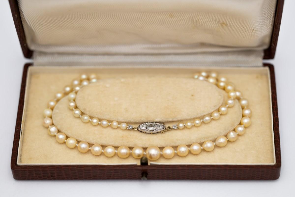 Old cultured pearl necklace with gold-platinum clasp with old European diamonds. For Sale 2