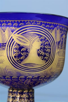 Vecchia coppa Barovier Blu originale in vetro di Murano soffiato e dipinto con oro 24