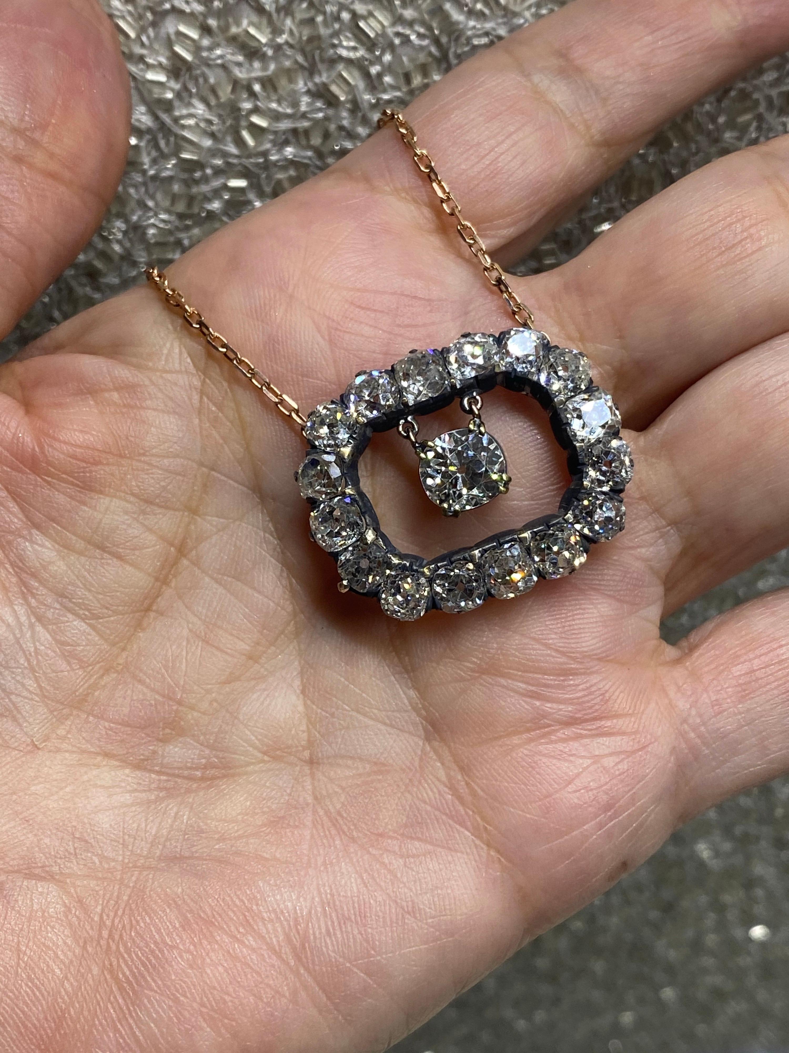 Victorian Mindi Mond GIA Certified 11.74 Carat Old Cushion Cut Diamond Rose Gold Necklace For Sale