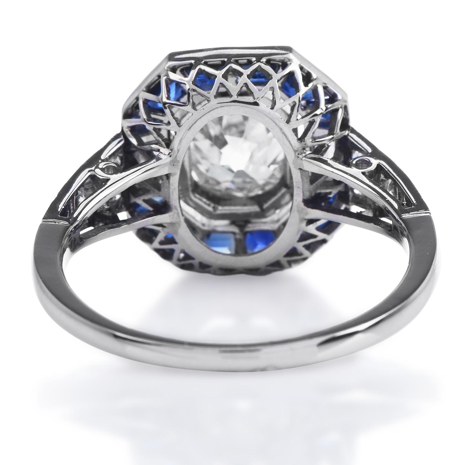 Art Deco Old Cushion Cut Diamond Sapphire Platinum Octagonal Halo Engagement Ring