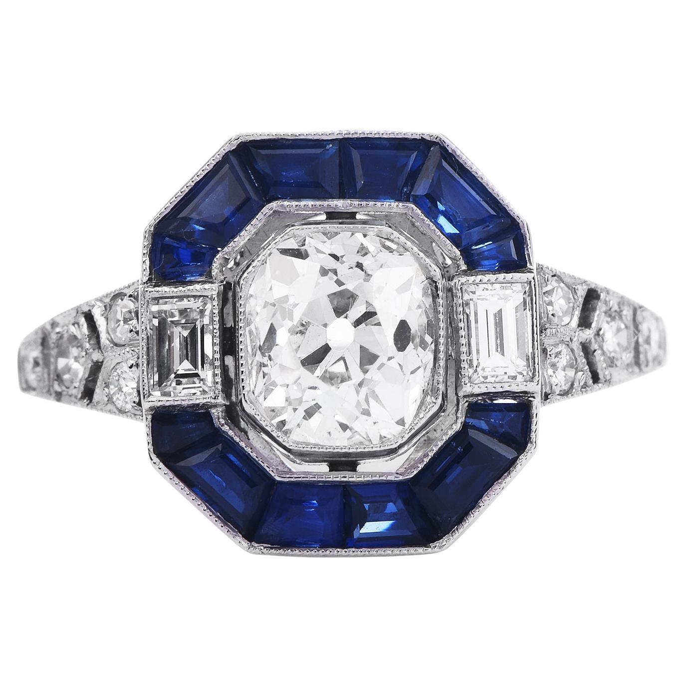 Old Cushion Cut Diamond Sapphire Platinum Octagonal Halo Engagement Ring