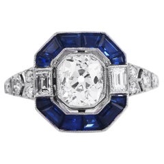 Old Cushion Cut Diamond Sapphire Platinum Octagonal Halo Engagement Ring