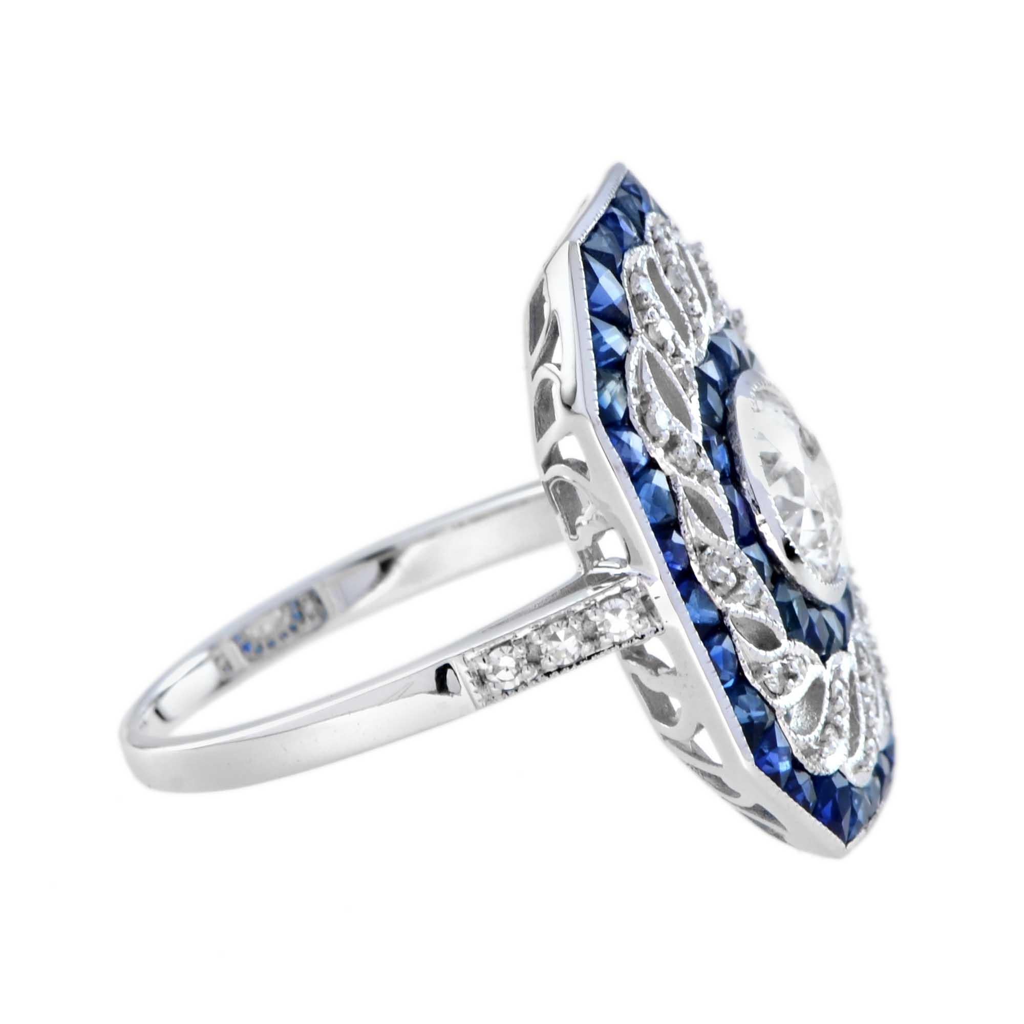 Round Cut Old Cut 1 Ct. Diamond with Diamond Twist and Sapphire Dinner Ring in White Gold
