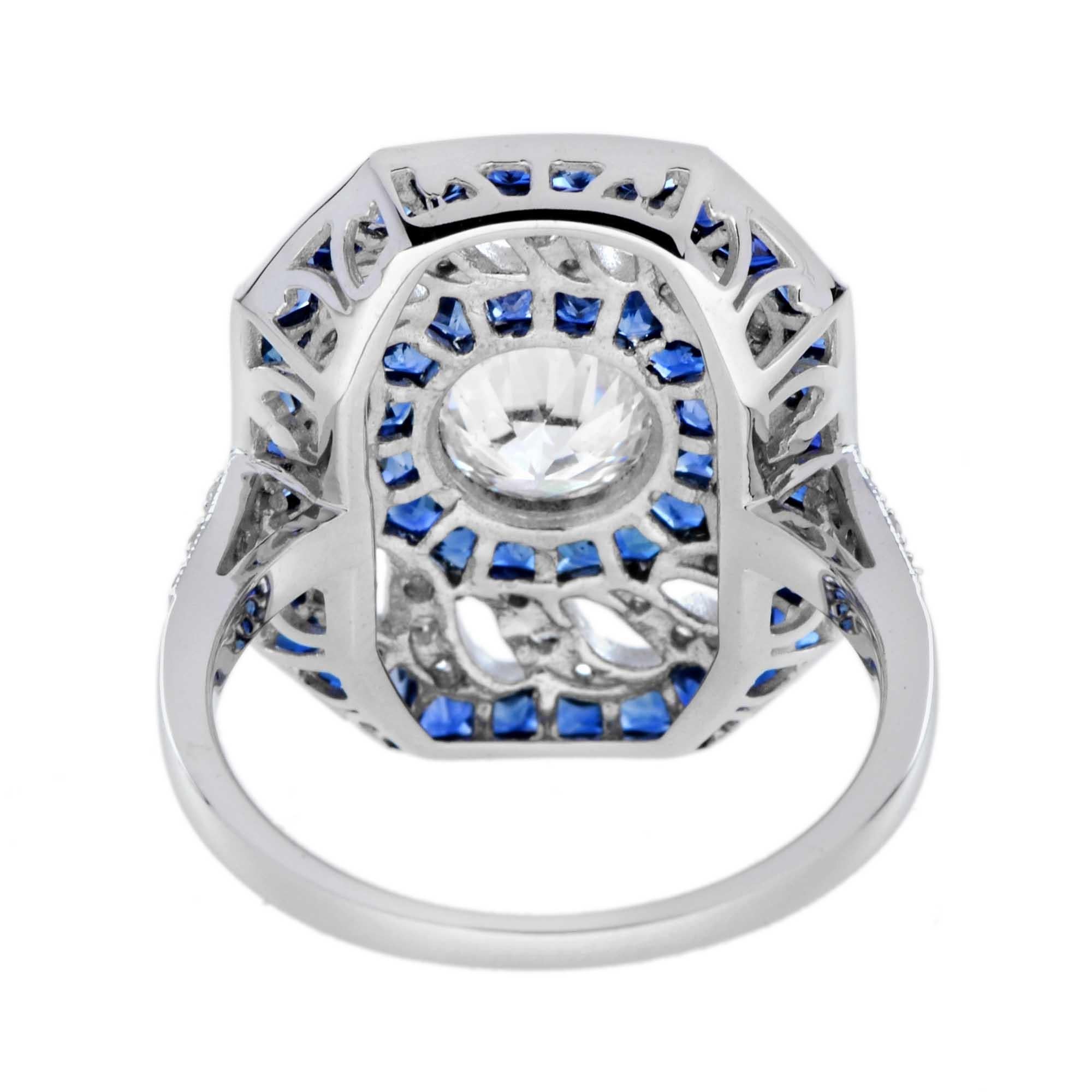 Old Cut 1 Ct. Diamond with Diamond Twist and Sapphire Dinner Ring in White Gold In New Condition In Bangkok, TH