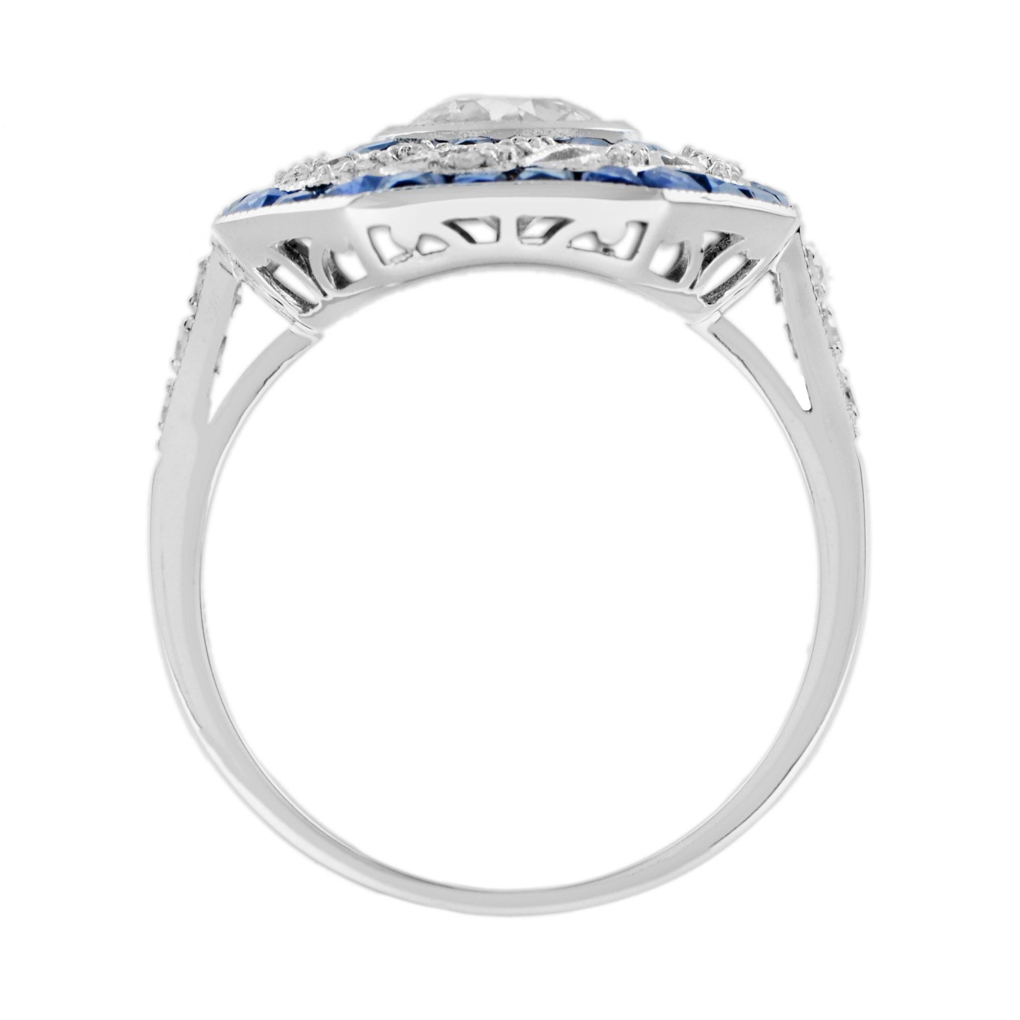 Women's or Men's Old Cut 1 Ct. Diamond with Diamond Twist and Sapphire Dinner Ring in White Gold