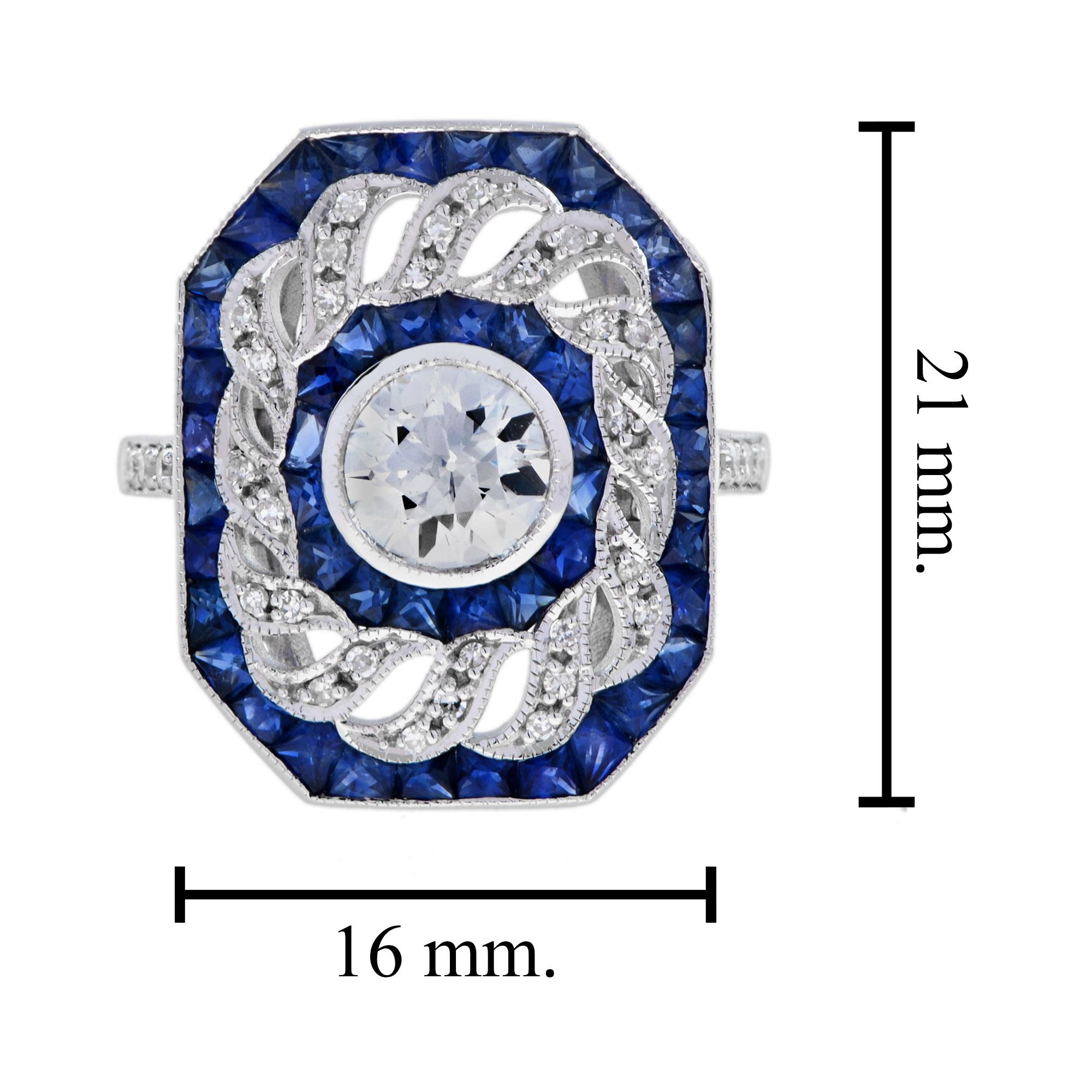 Old Cut 1 Ct. Diamond with Diamond Twist and Sapphire Dinner Ring in White Gold 1