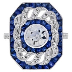Old Cut 1 Ct. Diamond with Diamond Twist and Sapphire Dinner Ring in White Gold