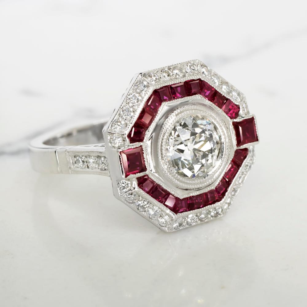 Art déco Bague de fiançailles avec diamant 1.02 carat Ruby Platinum en vente