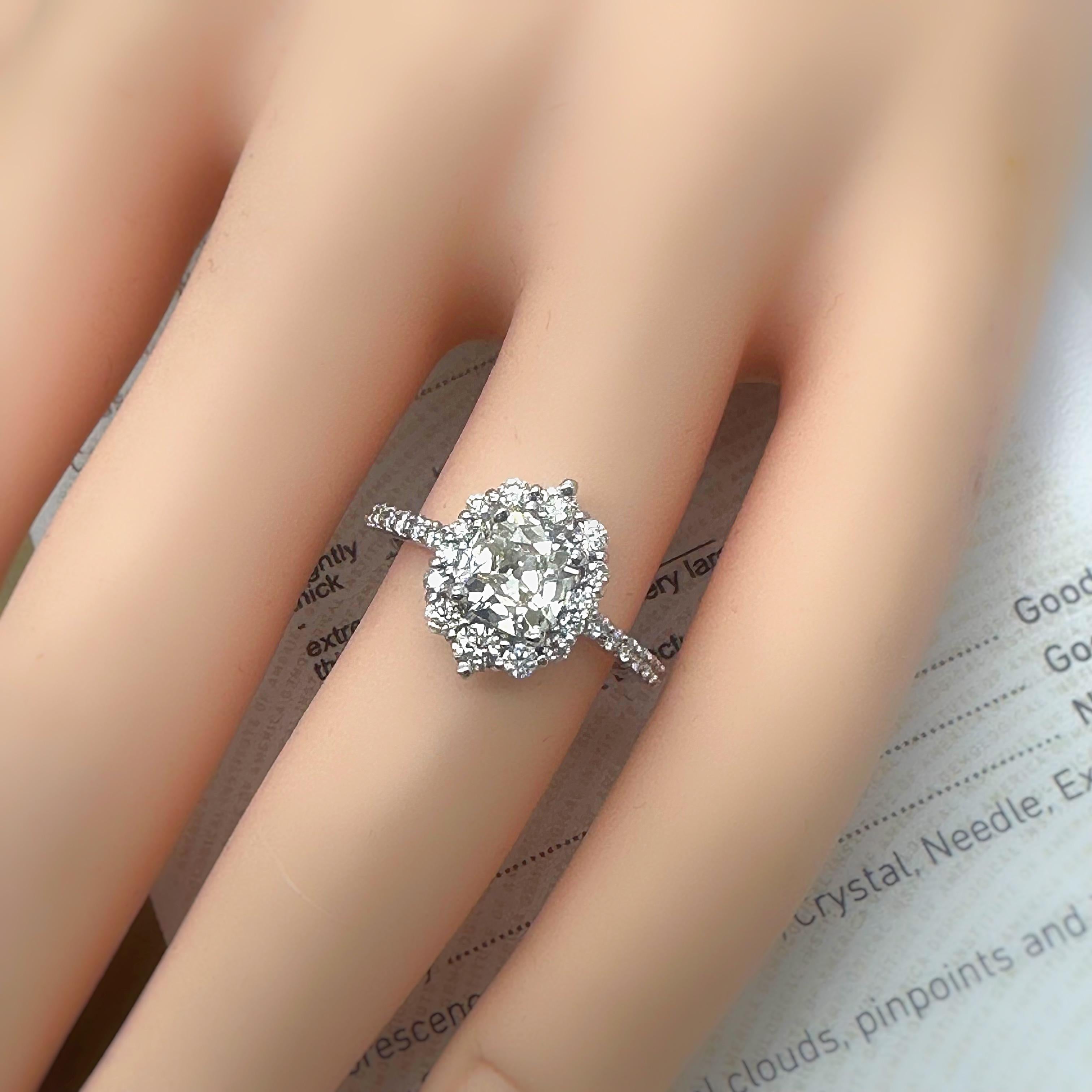 Women's Old Cut 1.10 cts L VS2 Halo Diamond Engagement Ring in 14k White Gold GIA For Sale