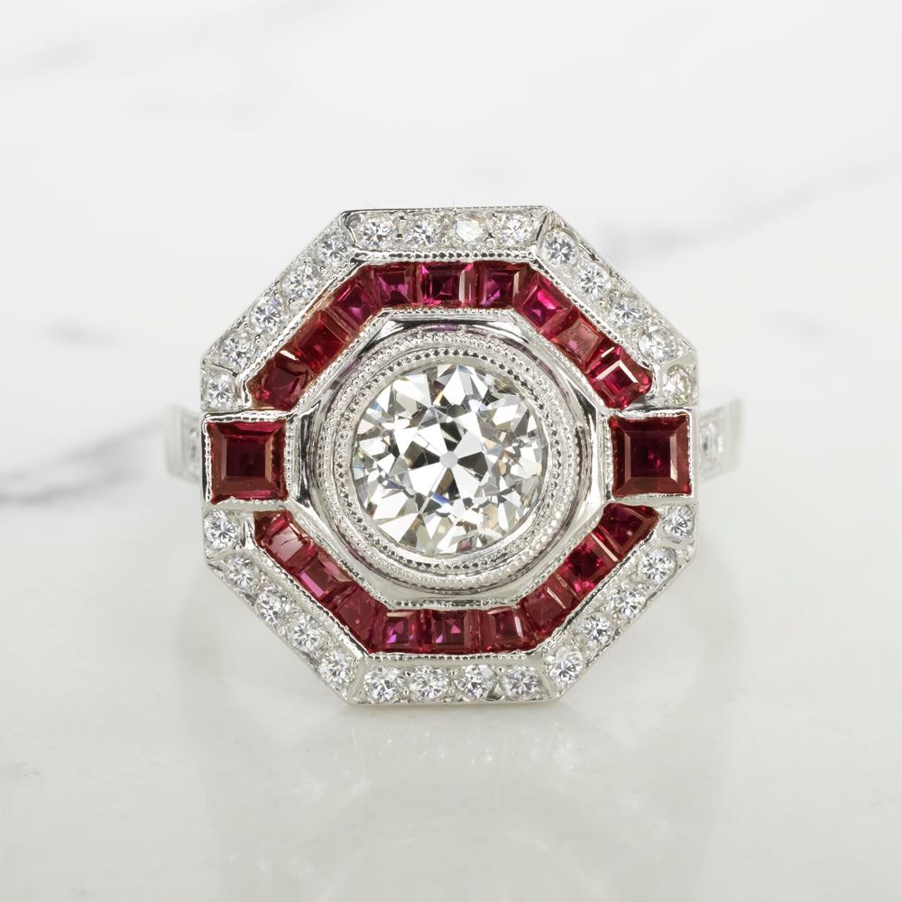 Old Cut 1.02 Carat Diamond Engagement Ring Ruby Platinum In Excellent Condition For Sale In Rome, IT