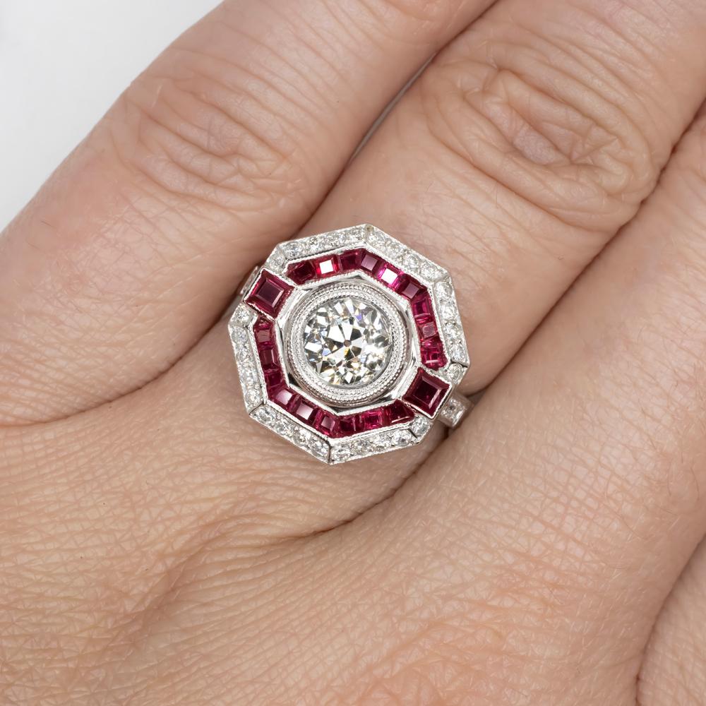 Women's Old Cut 1.02 Carat Diamond Engagement Ring Ruby Platinum For Sale