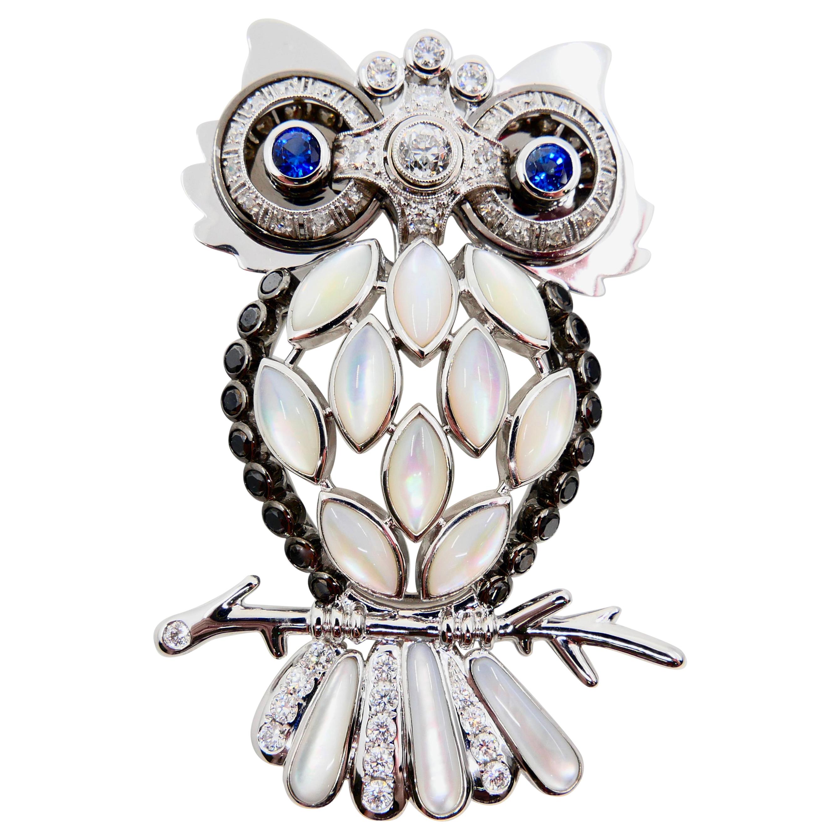 Old Cut and Black Diamonds, Sapphires, White Mother of Pearl Owl Brooch/Pendant