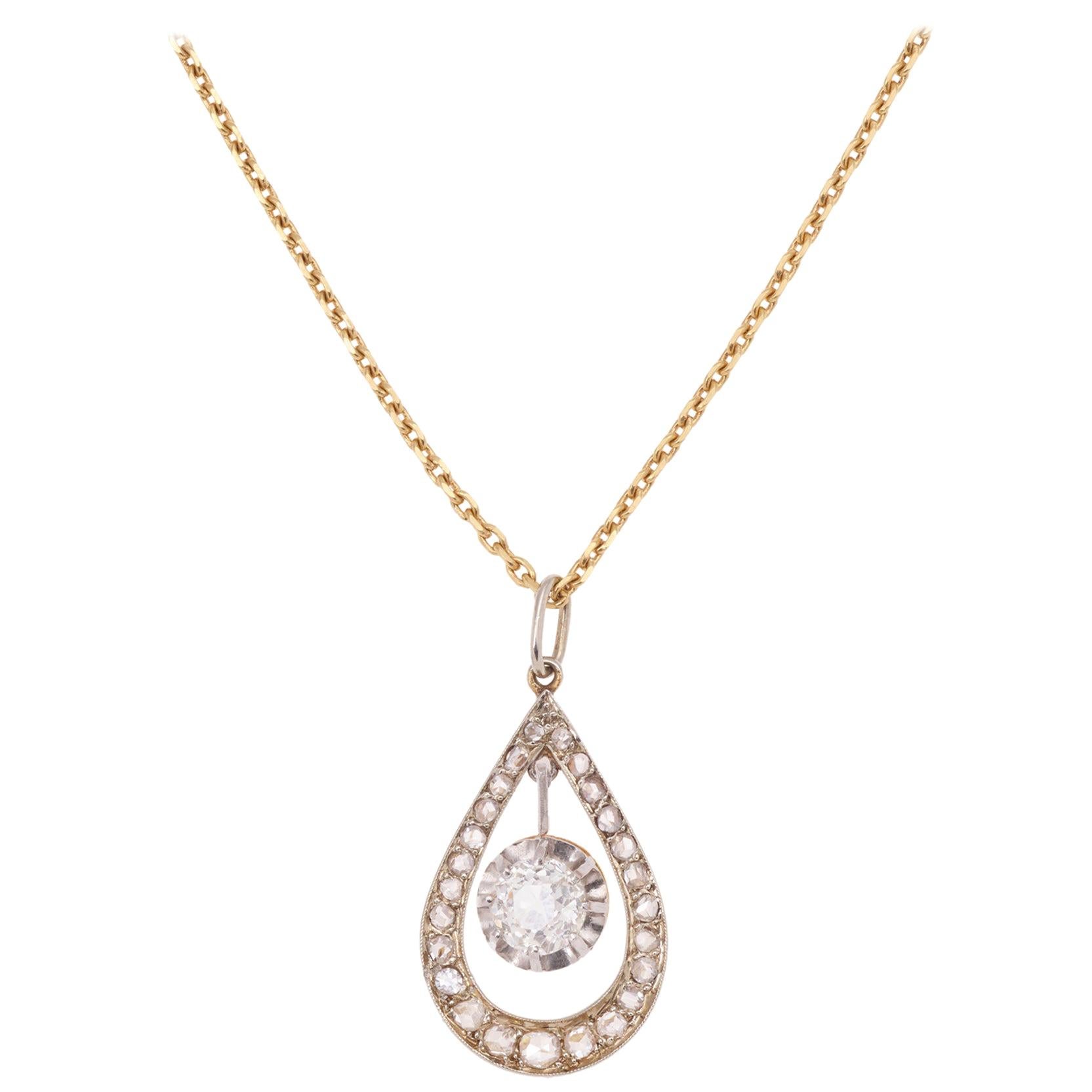 Old Cut and Rose Cut Diamonds Platinum 18 Karat Yellow Gold Belle Époque Pendant