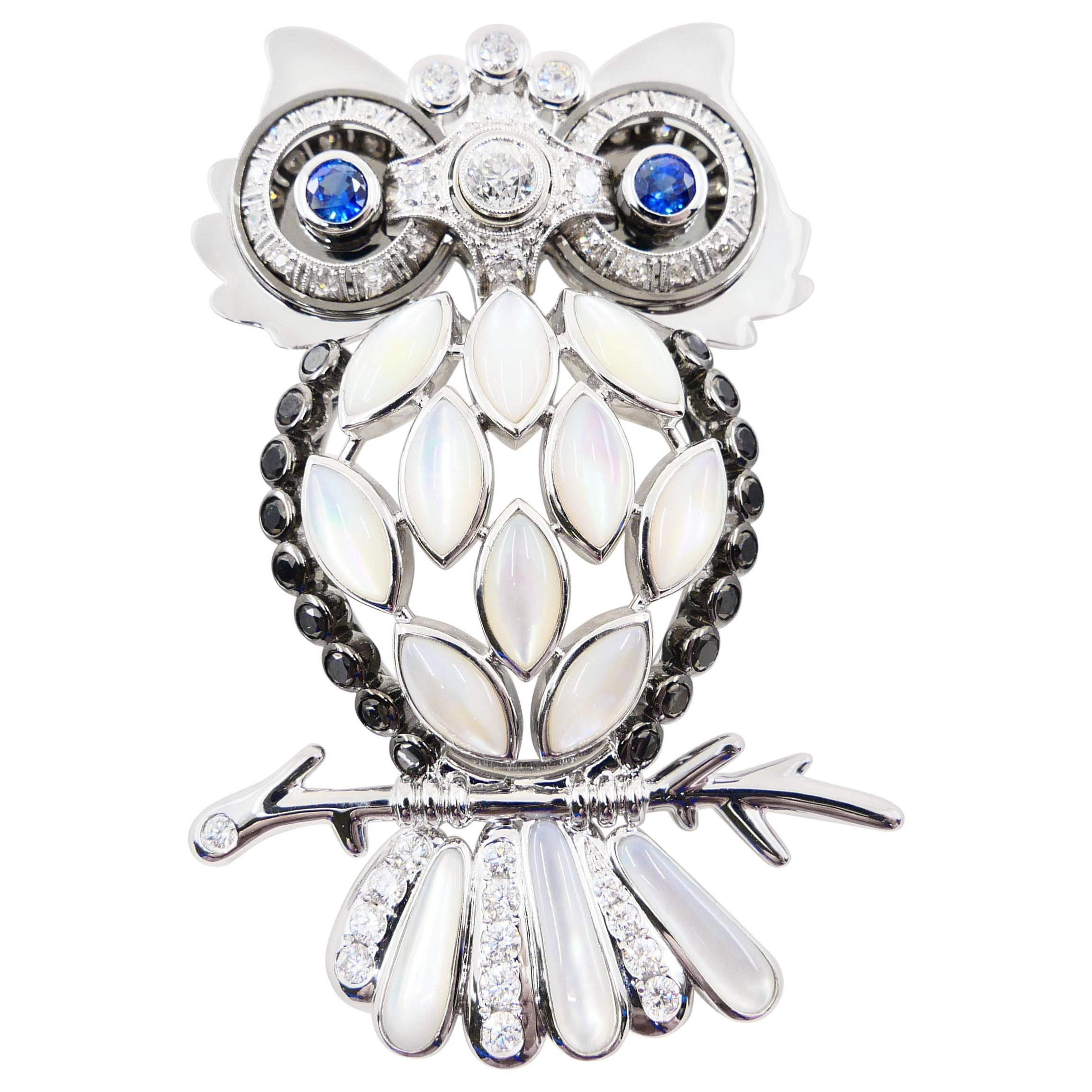 Old Cut and Black Diamonds, Sapphires, White Mother of Pearl Owl Brooch/Pendant For Sale 3