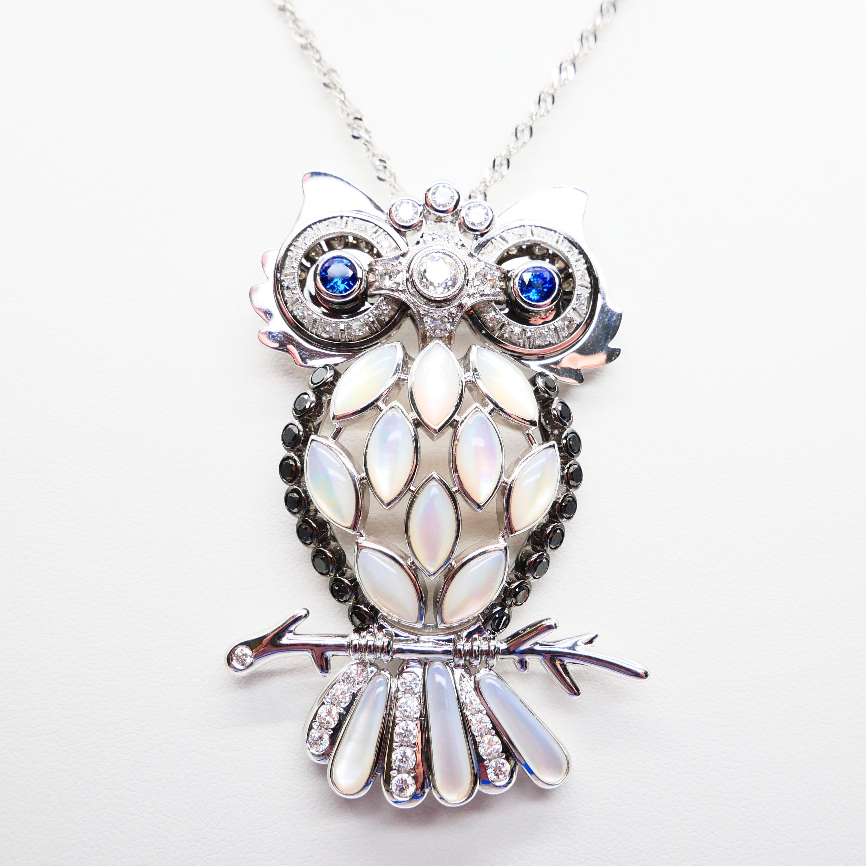 Old Cut and Black Diamonds, Sapphires, White Mother of Pearl Owl Brooch/Pendant For Sale 5