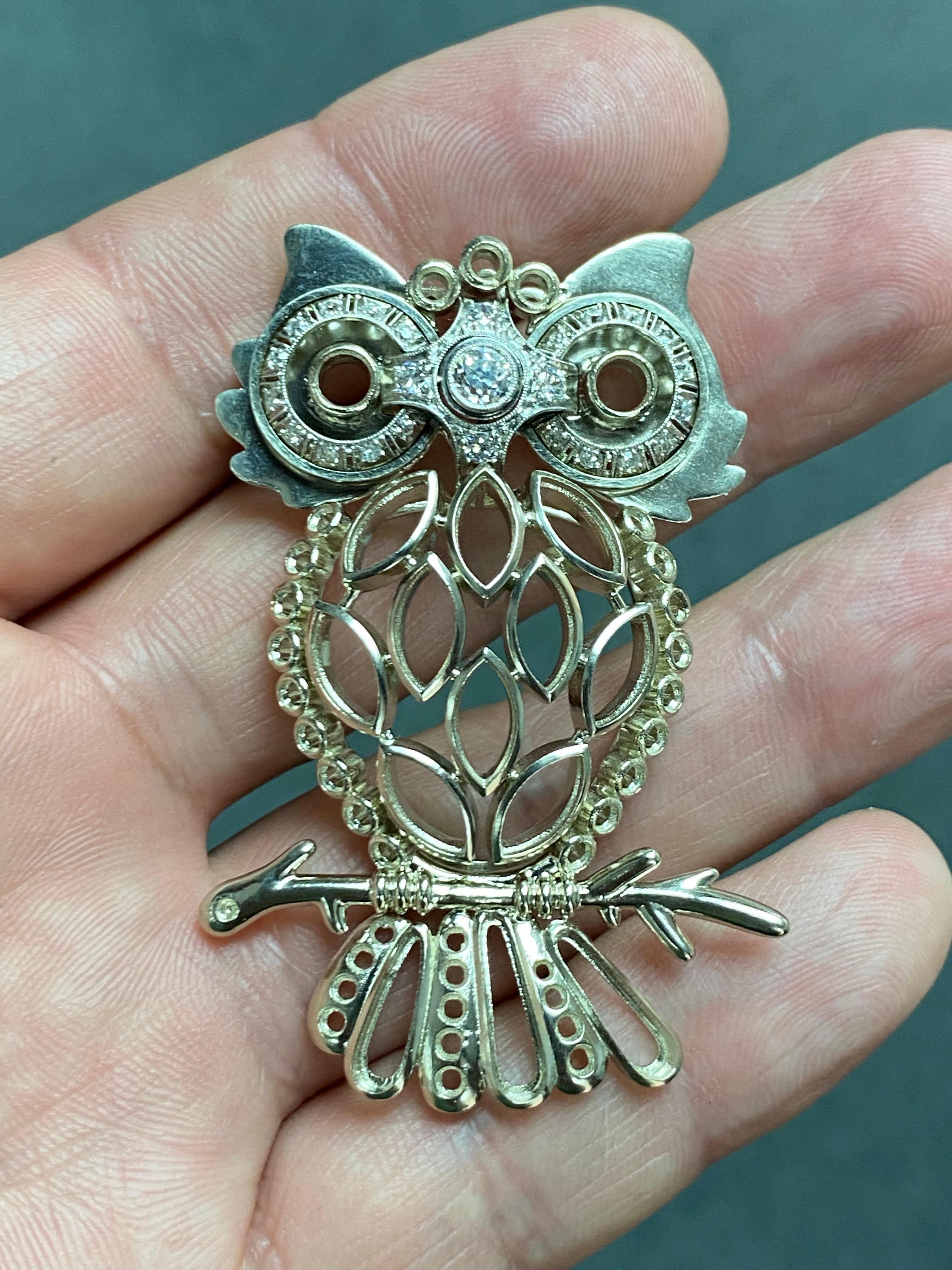 Old Cut and Black Diamonds, Sapphires, White Mother of Pearl Owl Brooch/Pendant For Sale 6