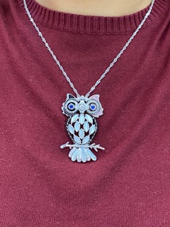 Old Cut and Black Diamonds, Sapphires, White Mother of Pearl Owl Brooch/Pendant