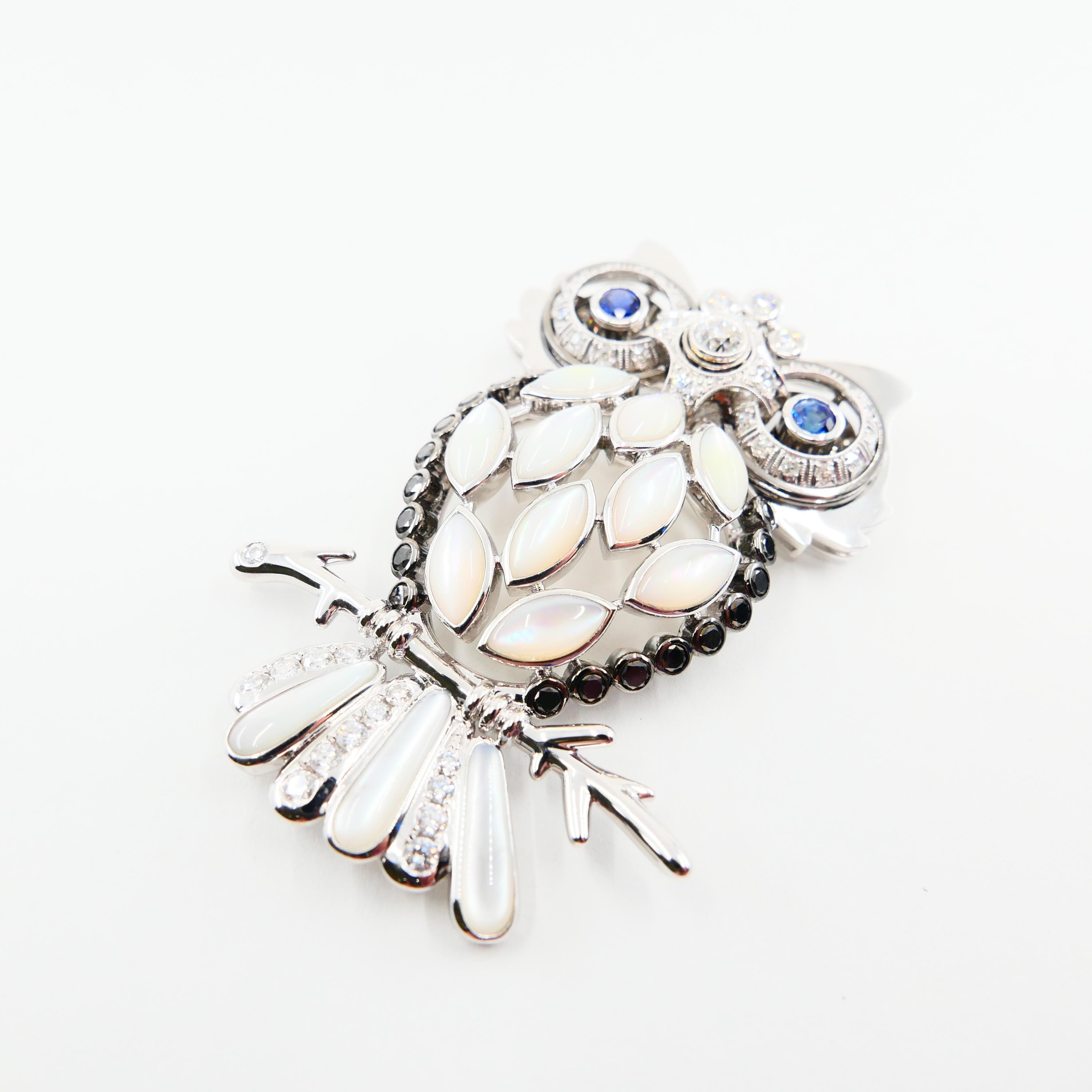 Old Mine Cut Old Cut and Black Diamonds, Sapphires, White Mother of Pearl Owl Brooch/Pendant For Sale