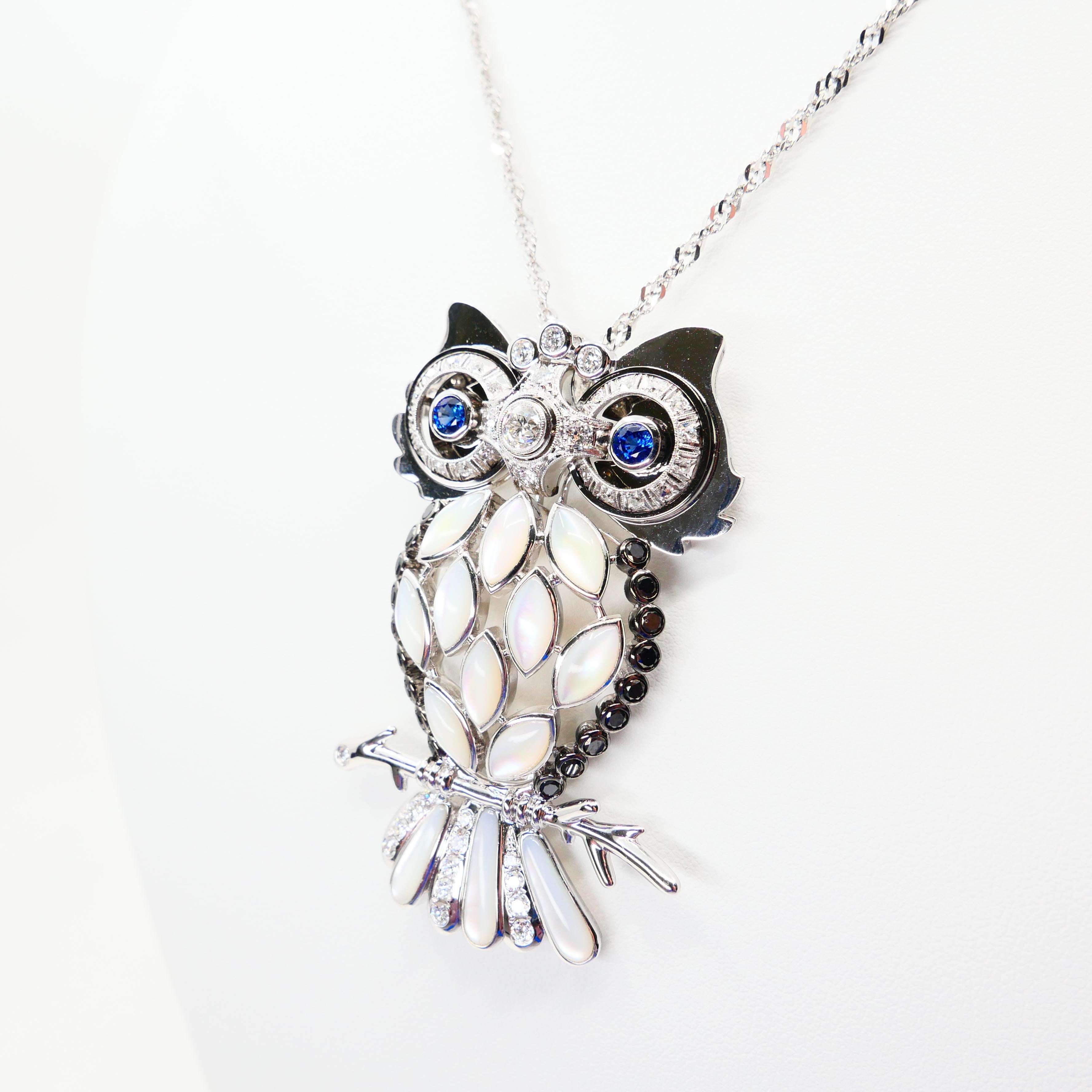 Old Cut and Black Diamonds, Sapphires, White Mother of Pearl Owl Brooch/Pendant In New Condition For Sale In Hong Kong, HK