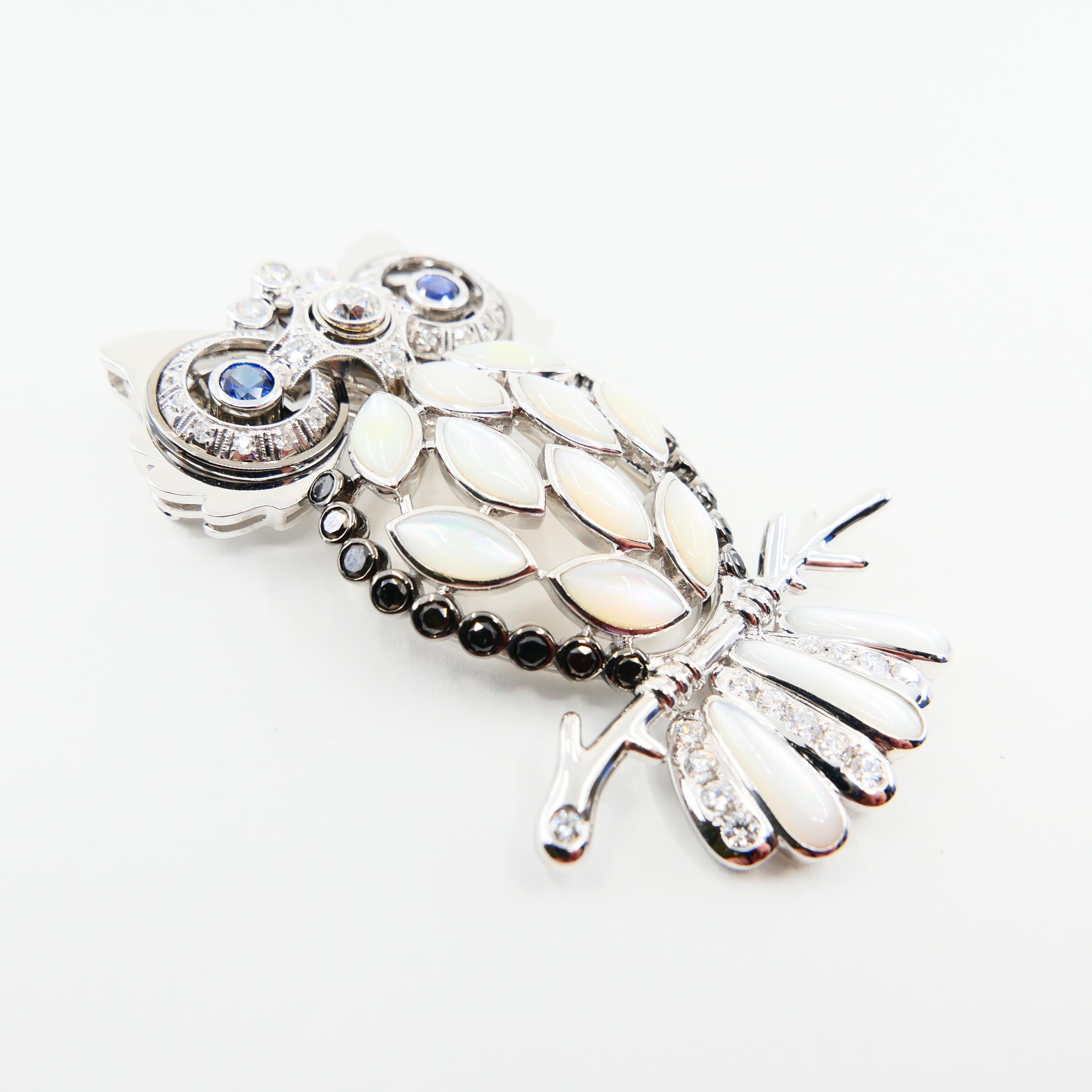 Women's or Men's Old Cut and Black Diamonds, Sapphires, White Mother of Pearl Owl Brooch/Pendant For Sale