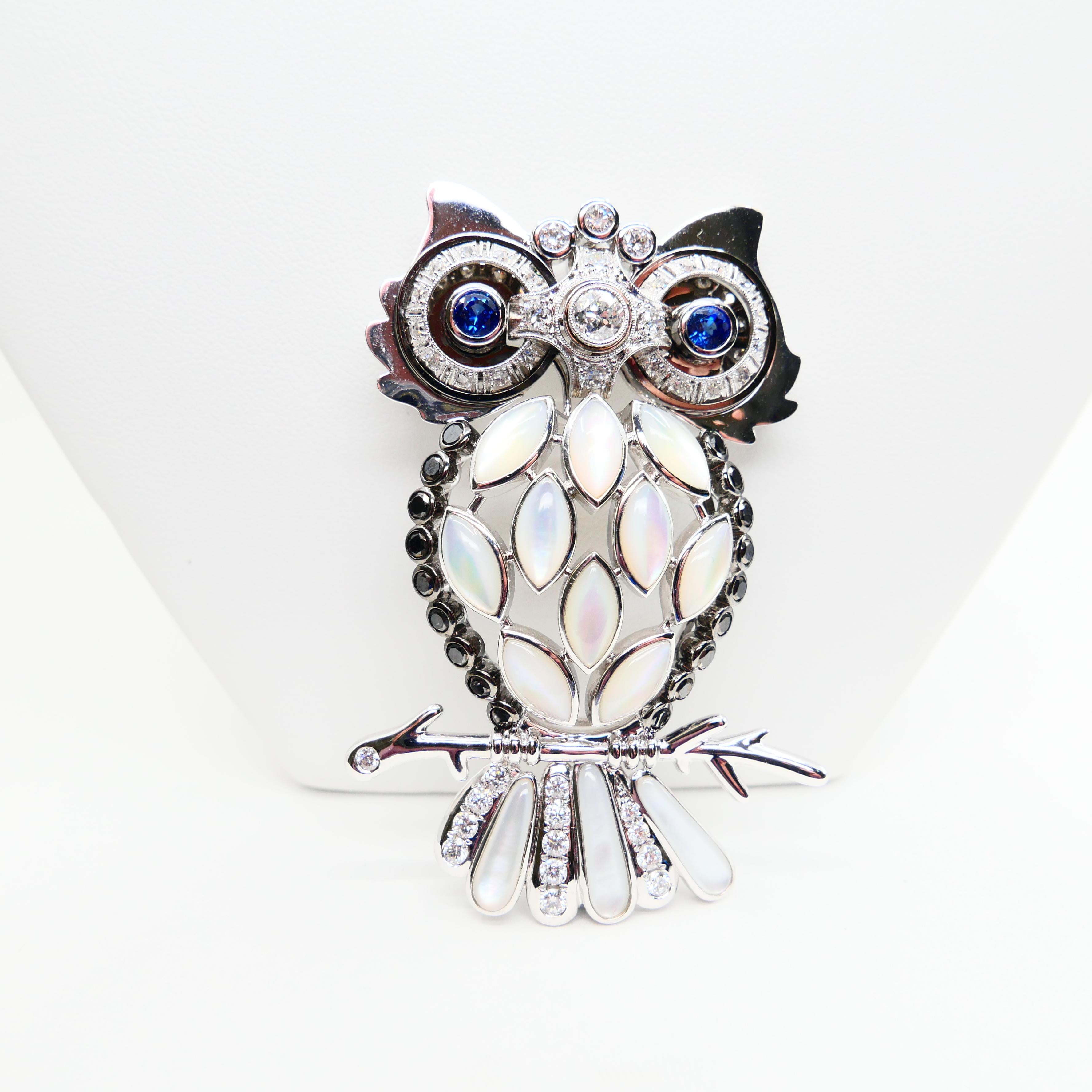 Old Cut and Black Diamonds, Sapphires, White Mother of Pearl Owl Brooch/Pendant For Sale 1