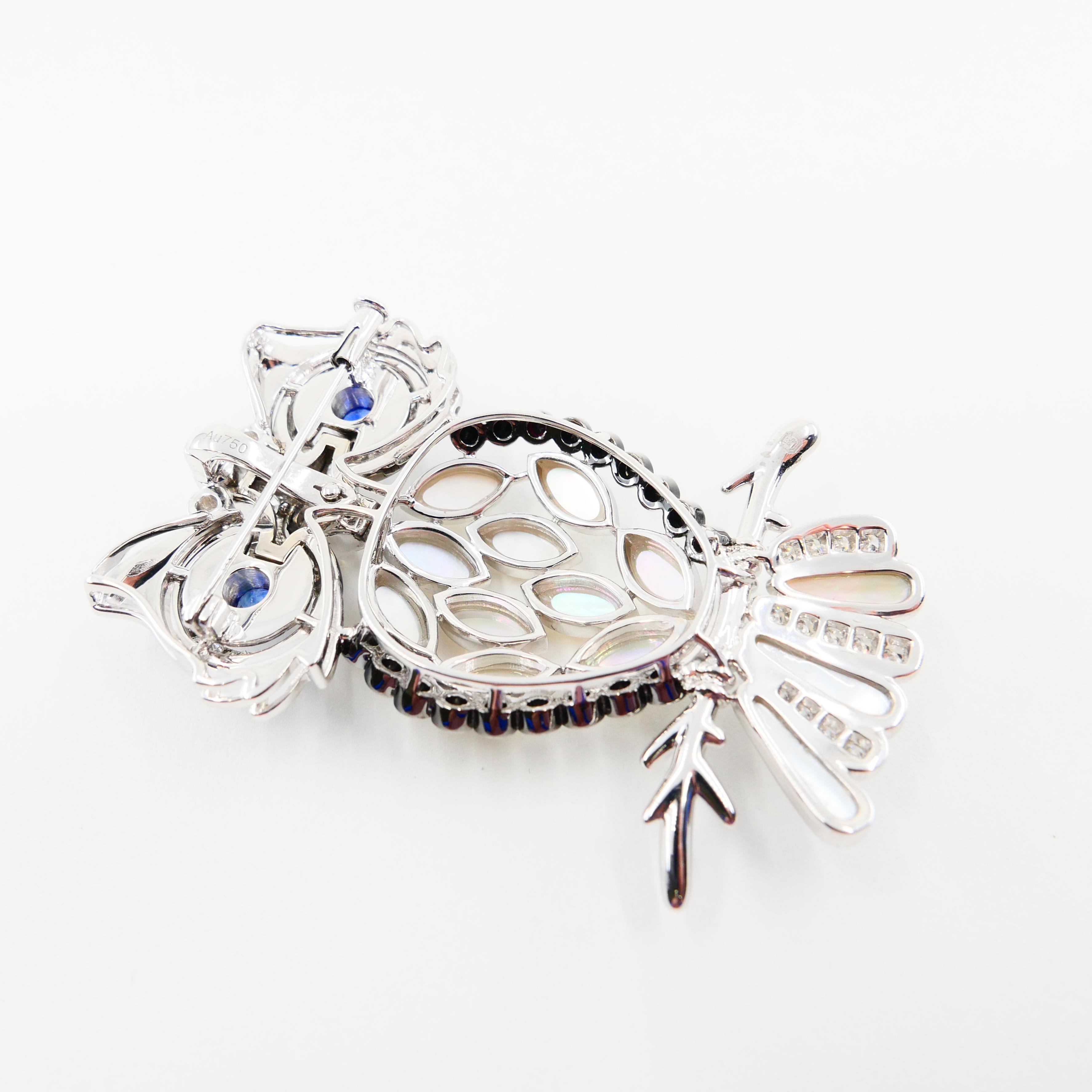 Old Cut and Black Diamonds, Sapphires, White Mother of Pearl Owl Brooch/Pendant For Sale 2