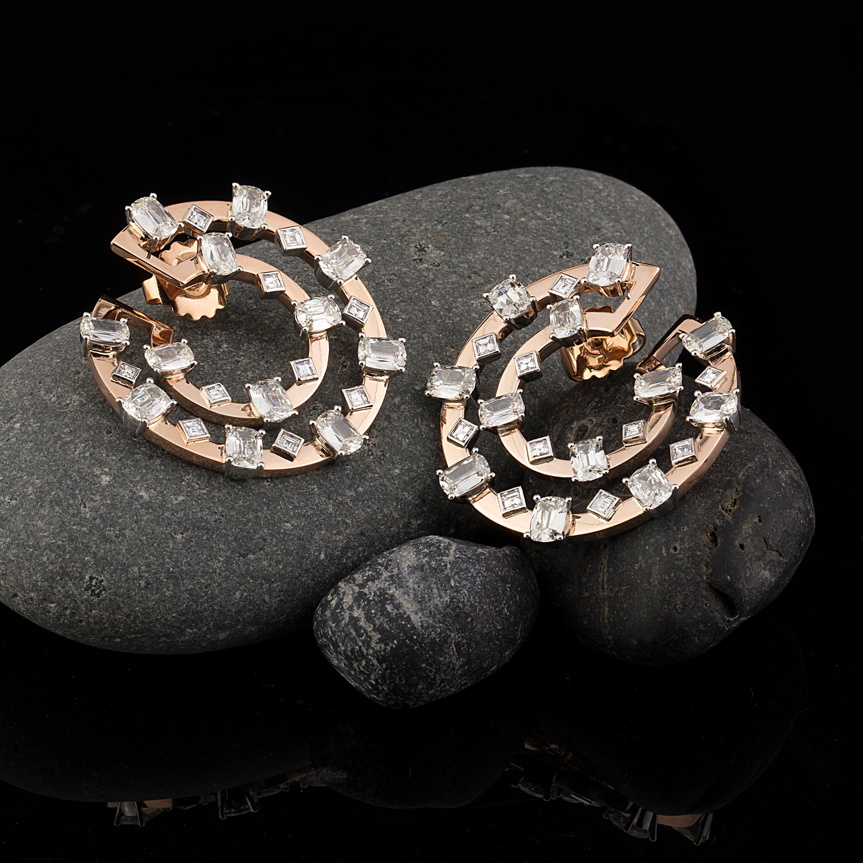 Modern Old Cut Cushion and Square Carre Cut Diamond Earring in 18 Karat Rose Gold For Sale
