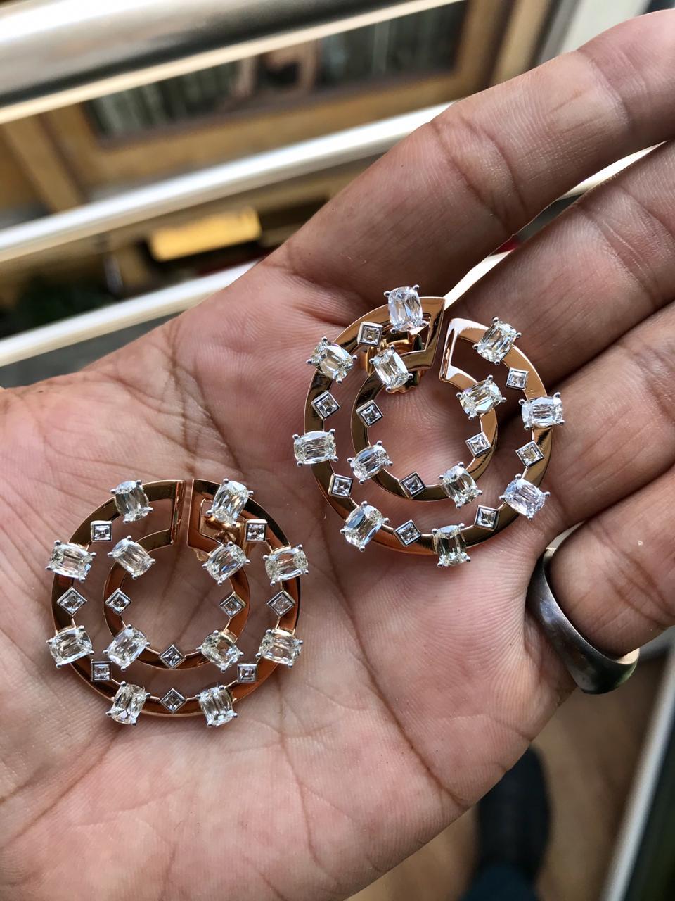 Old Mine Cut Old Cut Cushion and Square Carre Cut Diamond Earring in 18 Karat Rose Gold For Sale