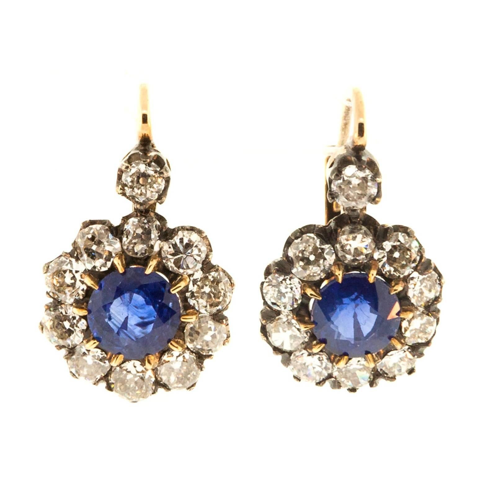 Old Cut Diamond and Sapphire Cluster Earrings