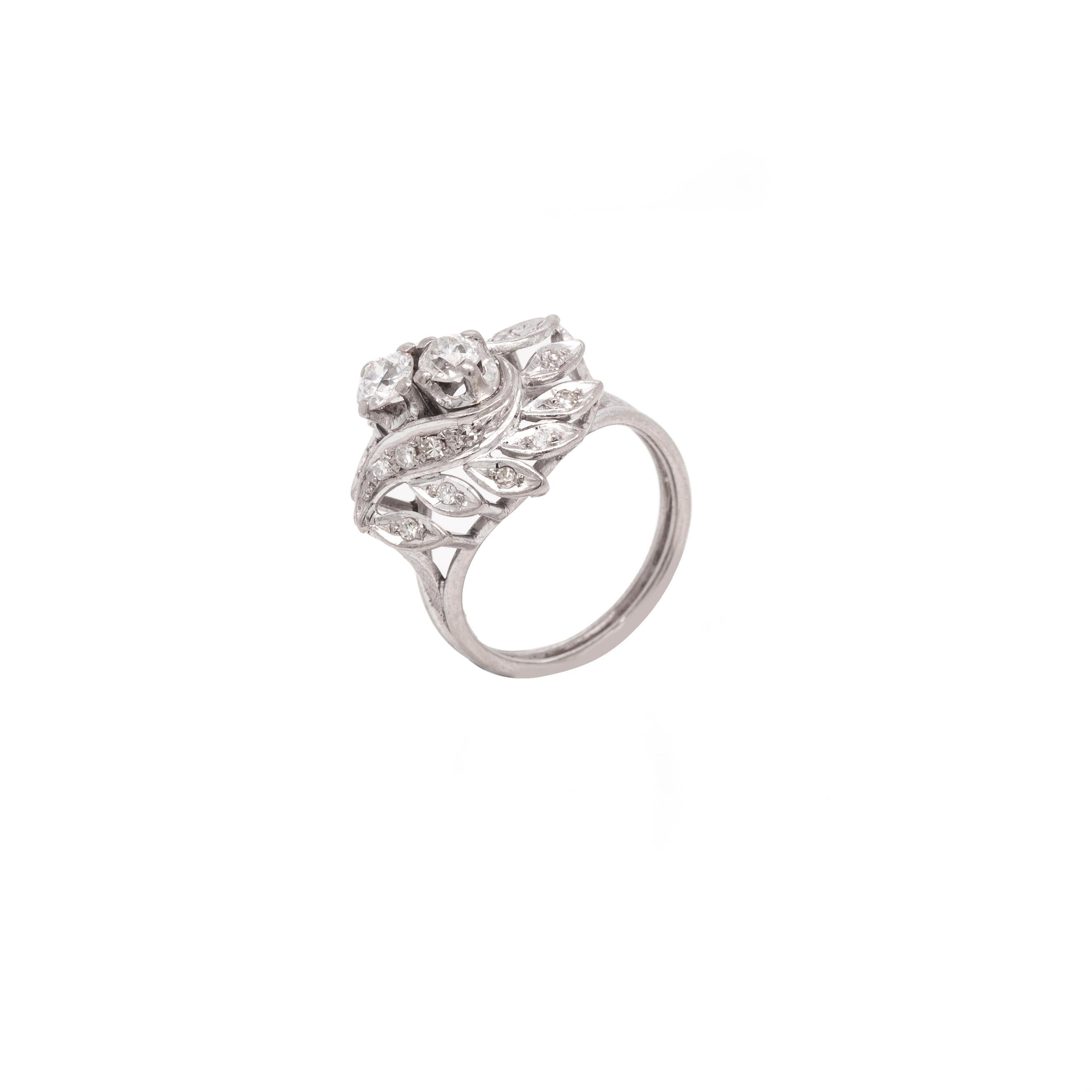 Retro Old Cut Diamond 14 Carat White Gold Twist Leaf Design Cluster Dress Ring For Sale