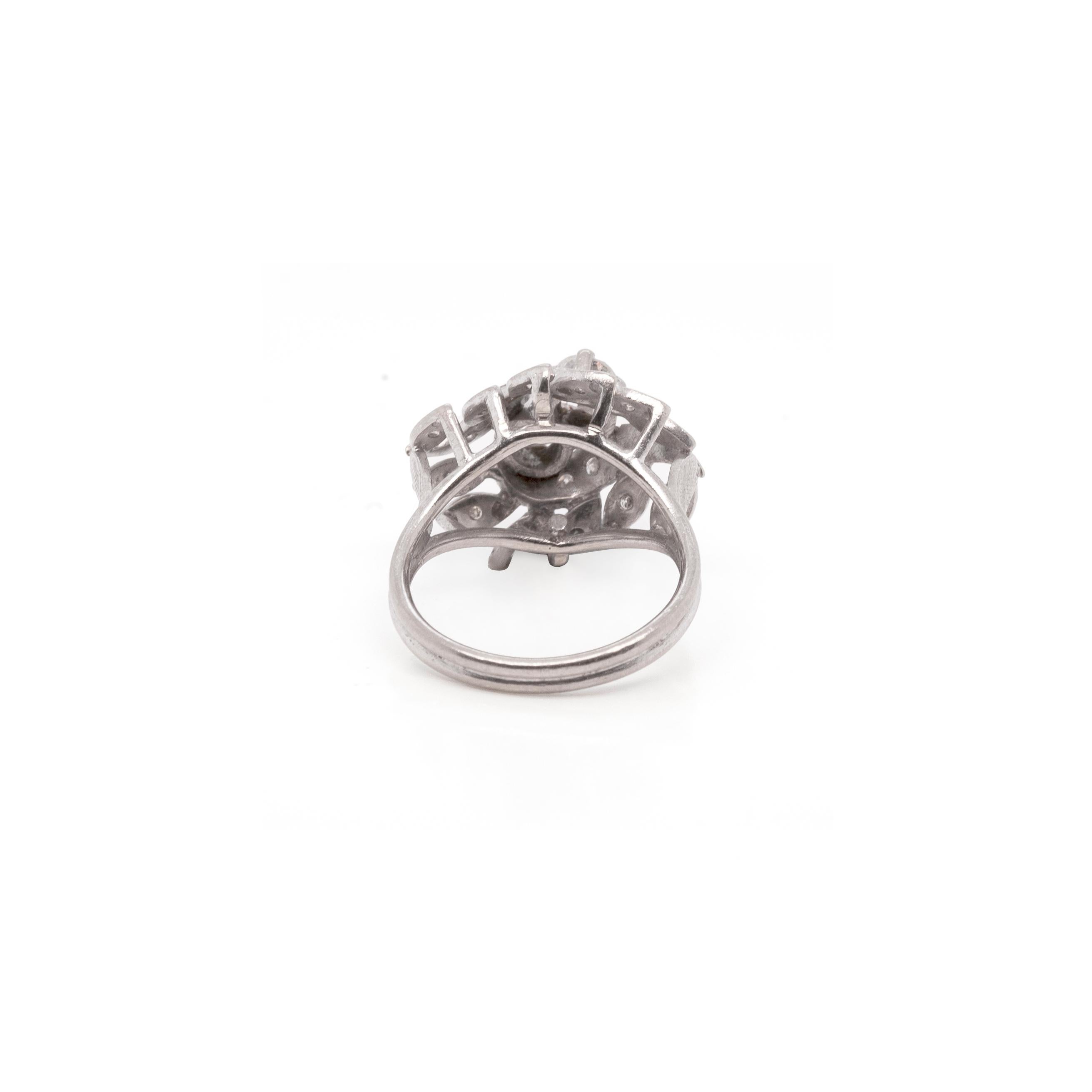 Old European Cut Old Cut Diamond 14 Carat White Gold Twist Leaf Design Cluster Dress Ring For Sale