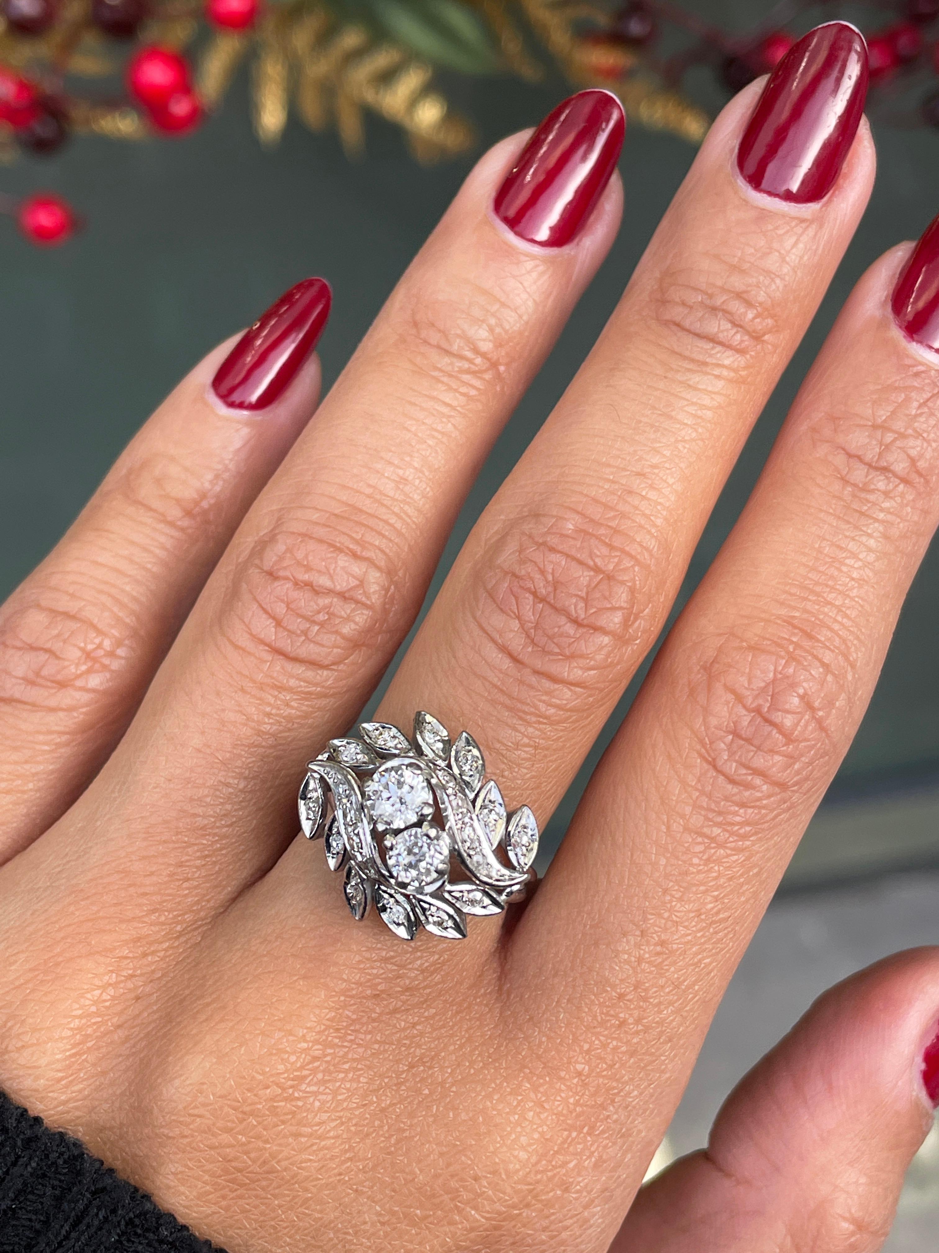 Old Cut Diamond 14 Carat White Gold Twist Leaf Design Cluster Dress Ring In Excellent Condition For Sale In London, GB