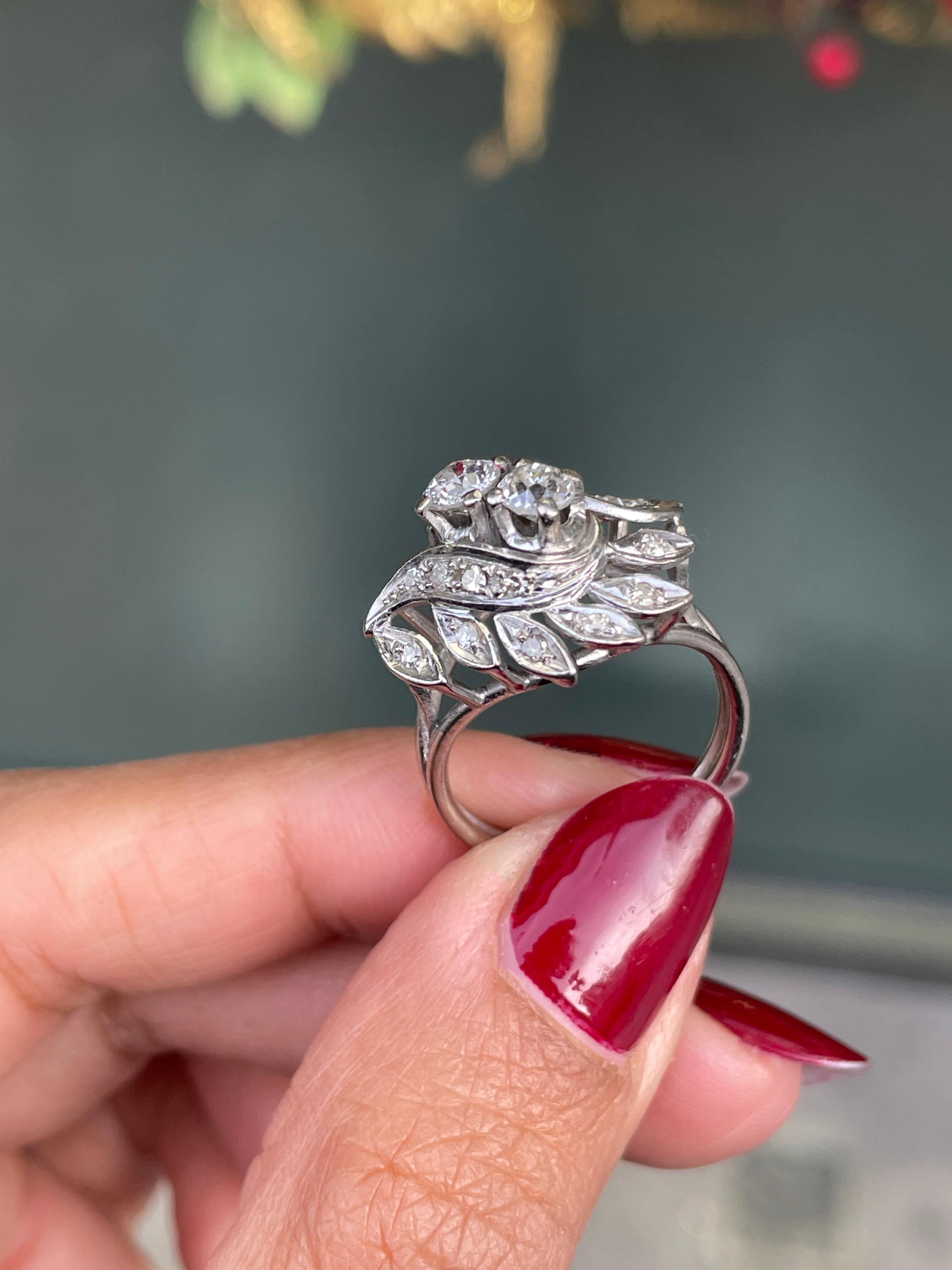 Old Cut Diamond 14 Carat White Gold Twist Leaf Design Cluster Dress Ring For Sale 2