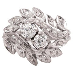 Old Cut Diamond 14 Carat White Gold Twist Leaf Design Cluster Dress Ring