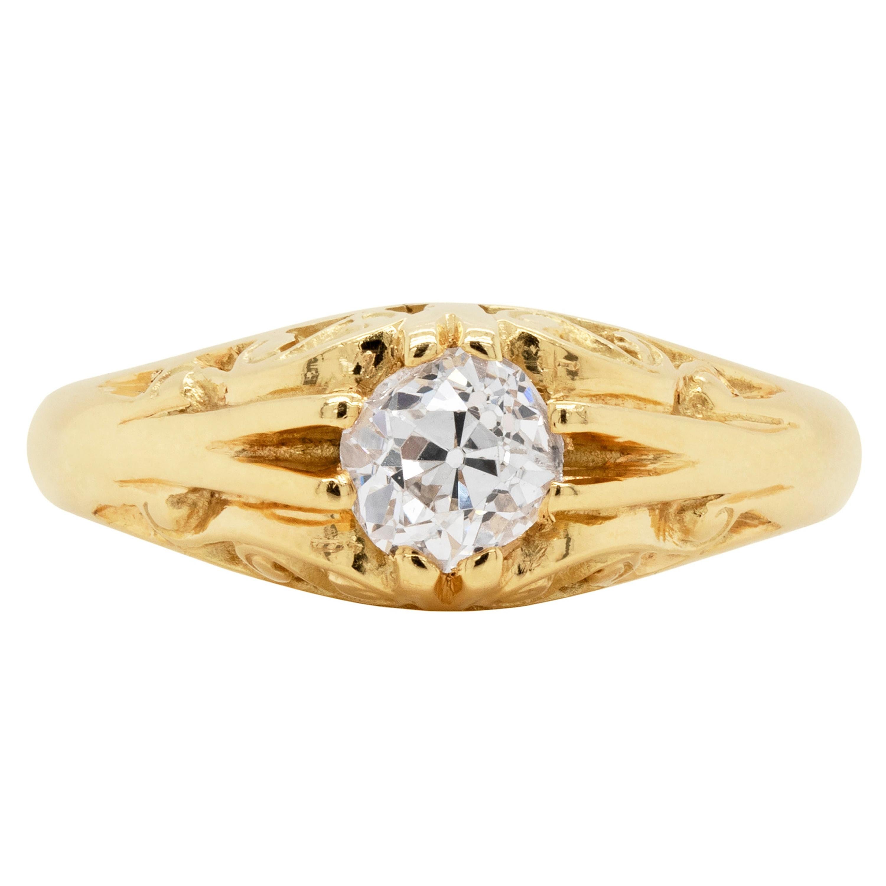 Old Cut Diamond 18 Carat Yellow Gold Carved Gypsy Gents Ring