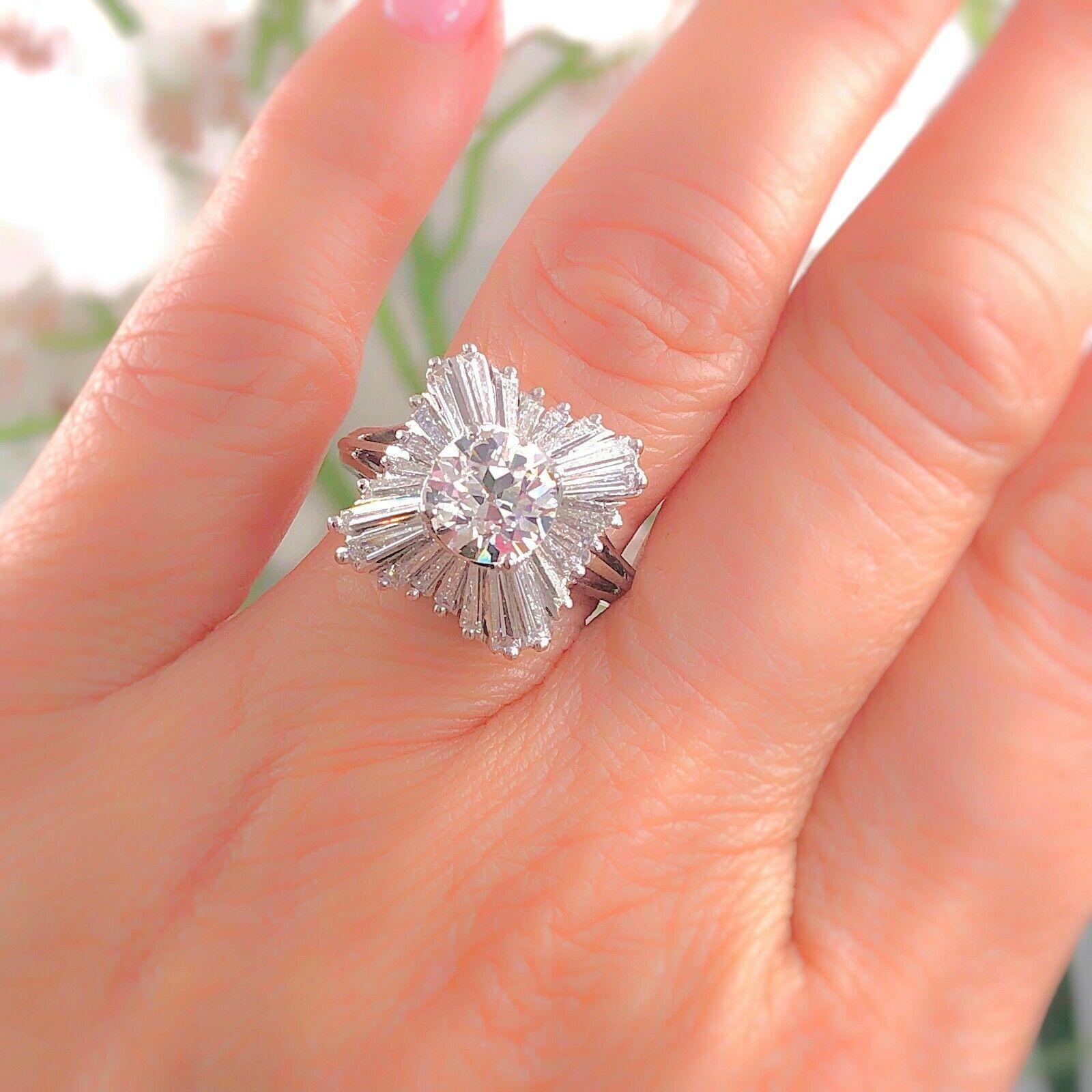 Old Mine Cut Old Cut Diamond 3.56 Carat Ballerina Ring with Tapered Baguettes in Platinum