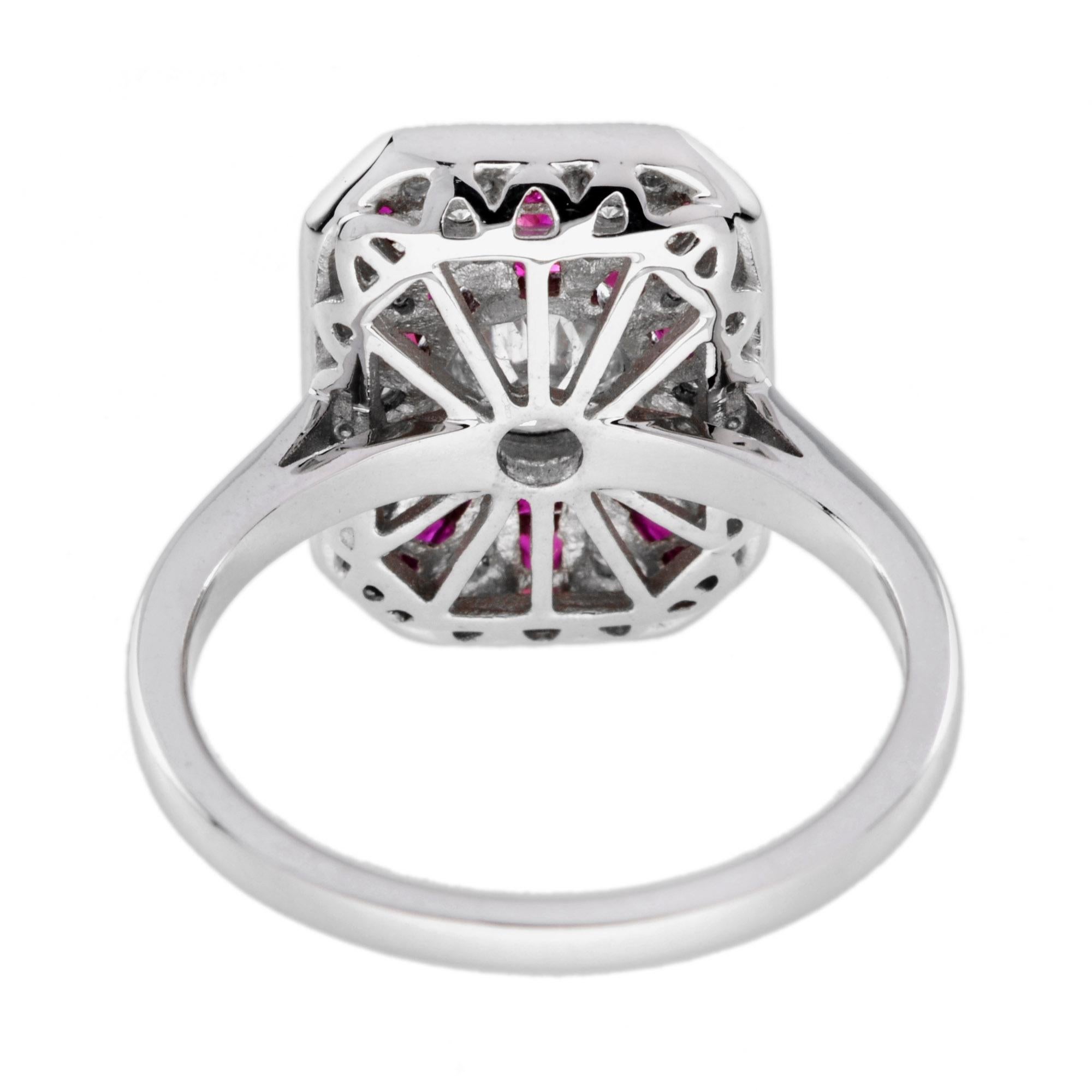 Old Mine Cut Old Cut Diamond and Ruby Art Deco Style Halo Ring in 18k White Gold