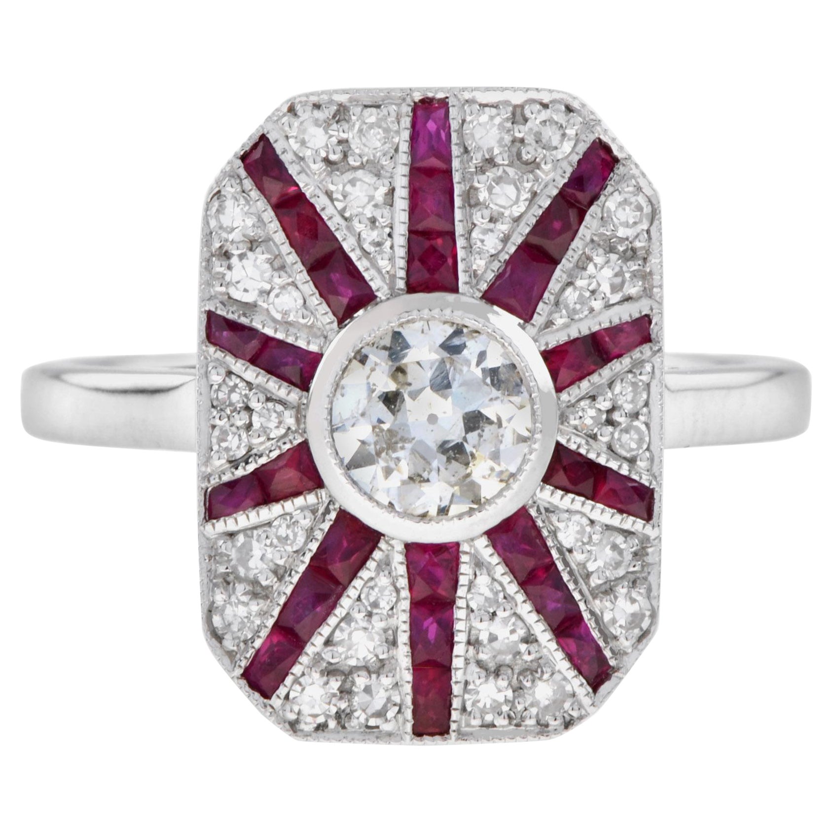 Old Cut Diamant und Rubin Art Deco Stil Halo-Ring aus 18 Karat Weißgold mit Diamant im Altschliff