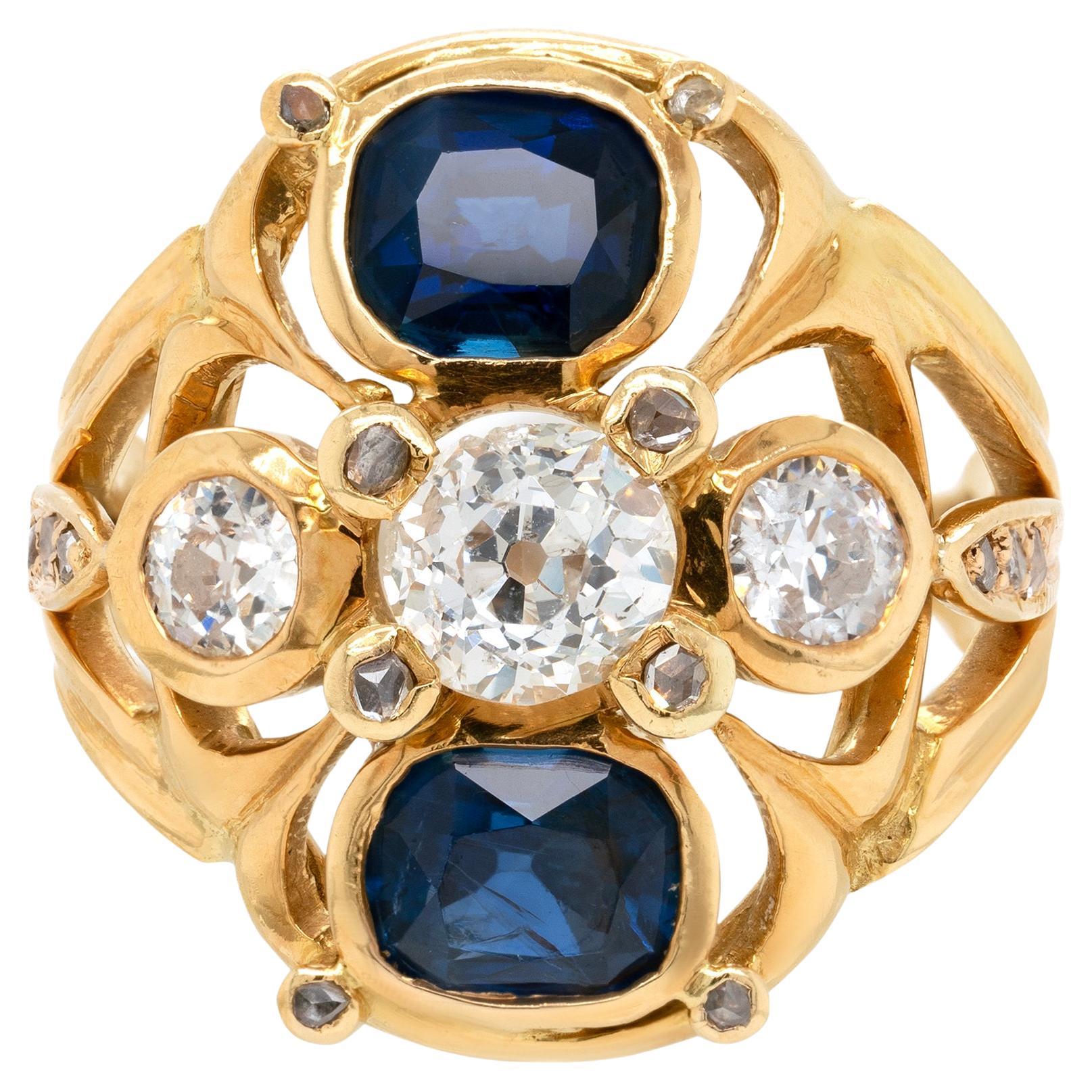 Old Cut Diamond and Sapphire 18 Carat Yellow Gold Open Work Cocktail Ring, 1963
