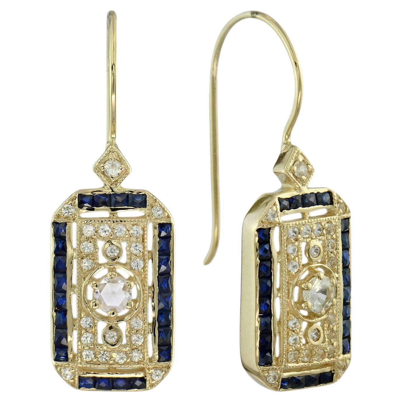 Pendants d'oreilles en or jaune avec diamants et saphirs de taille ancienne en filigrane de style ancien