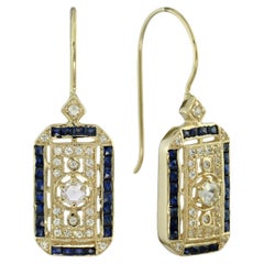 Old Cut Diamond and Sapphire Antique Style Filigree Drop Earrings in Yellow Gold