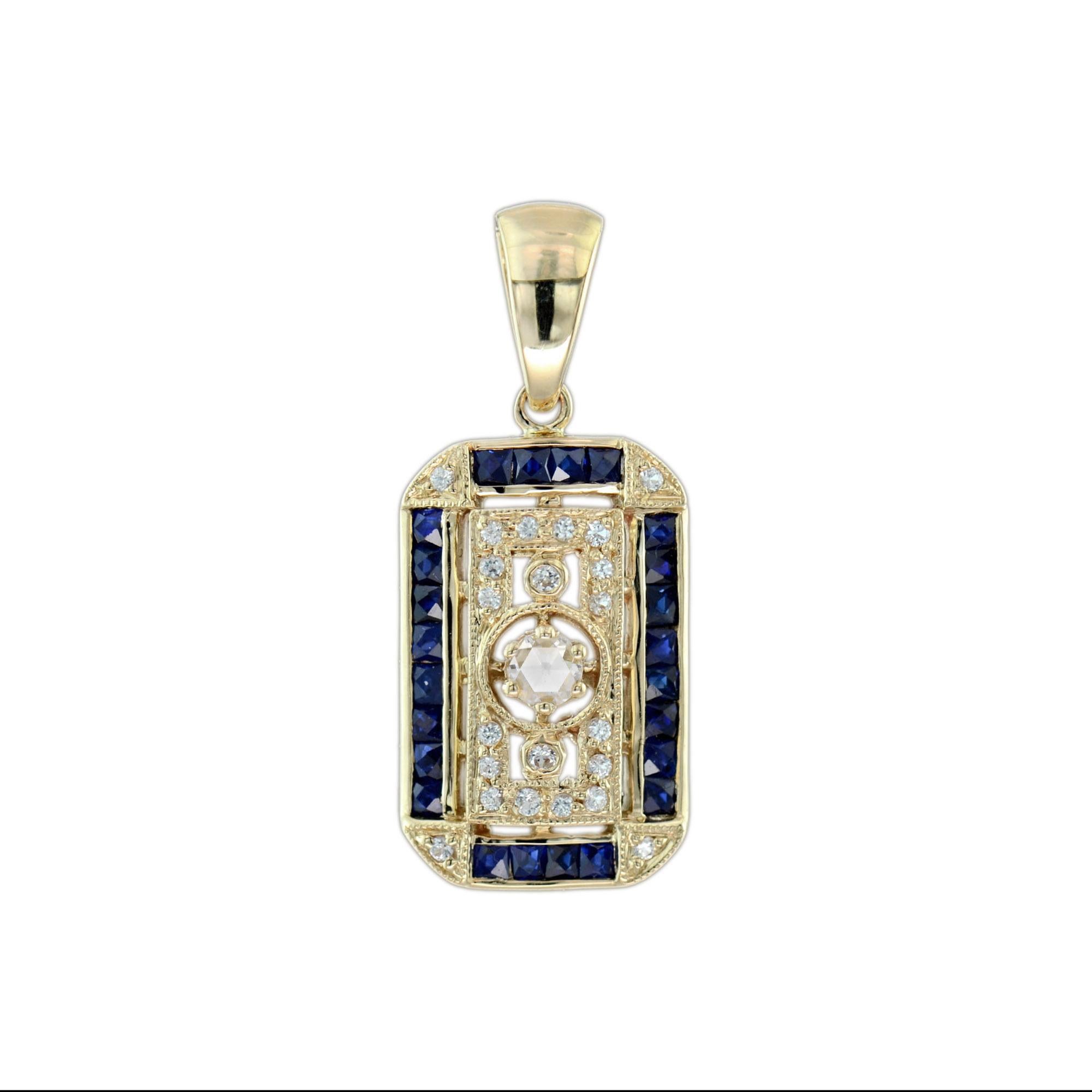 Stunning Antique inspired diamond and sapphire pendant. Bezel set in the center is an old cut diamond of approx. 0.11 carat. The outer columns are adorned with a beaded design. Framing the entire design are narrow French cut baguette shaped