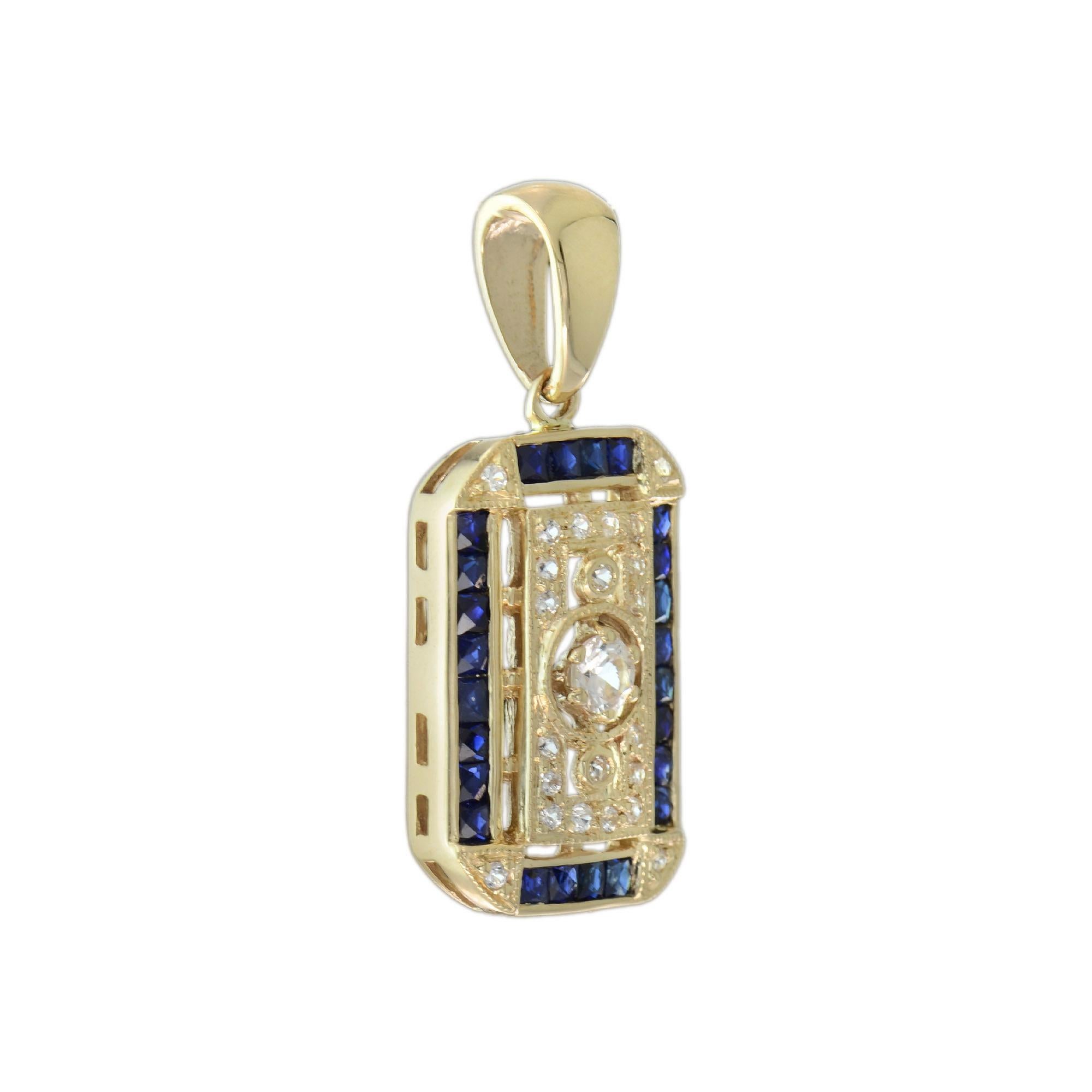 Edwardian Old Cut Diamond and Sapphire Antique Style Filigree Pendant in 14K Yellow Gold For Sale