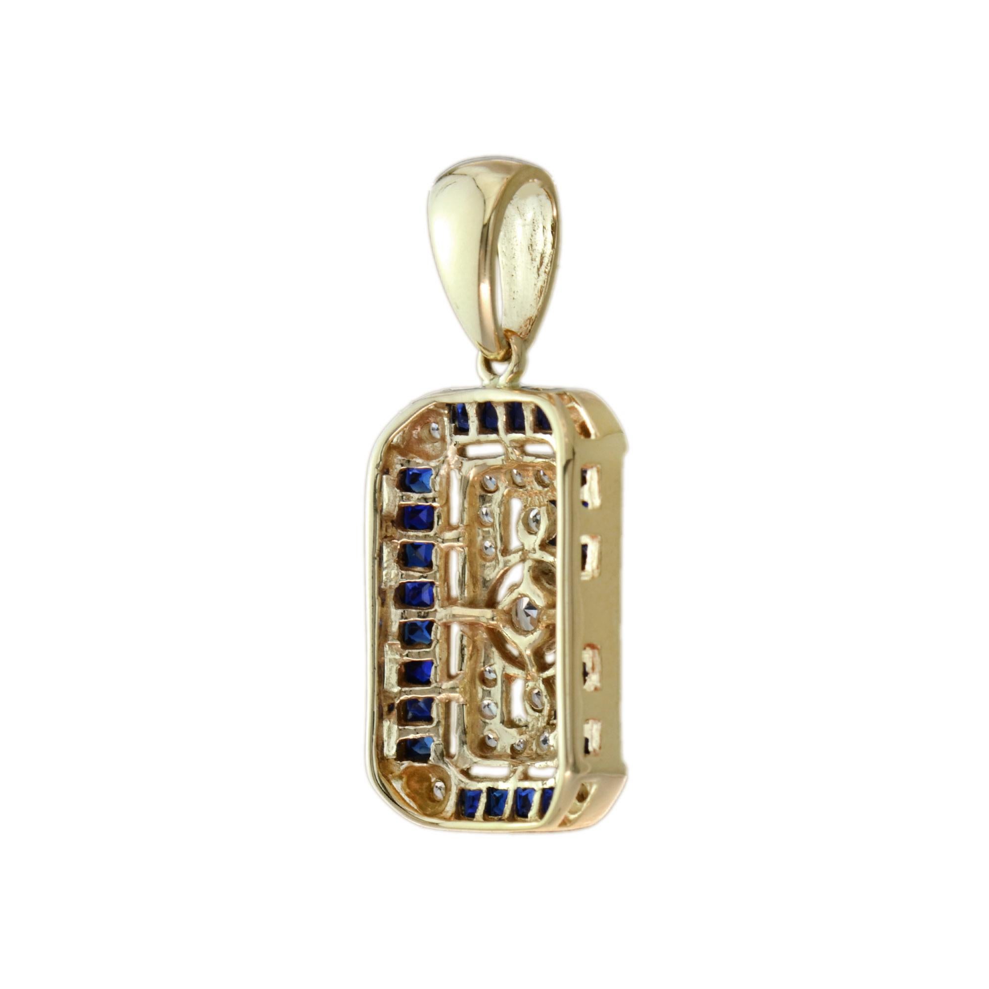 Round Cut Old Cut Diamond and Sapphire Antique Style Filigree Pendant in 14K Yellow Gold For Sale