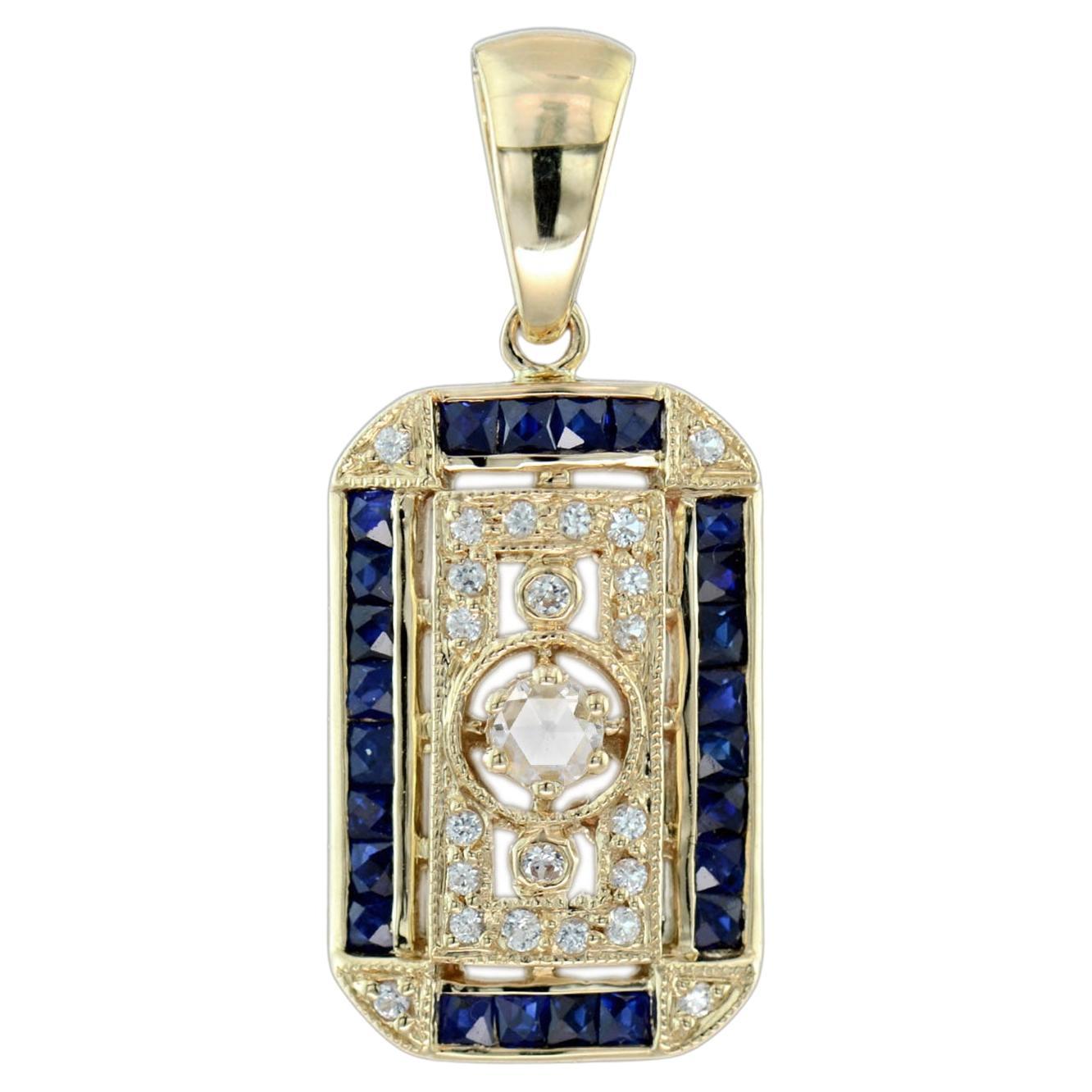 Old Cut Diamond and Sapphire Antique Style Filigree Pendant in 14K Yellow Gold For Sale