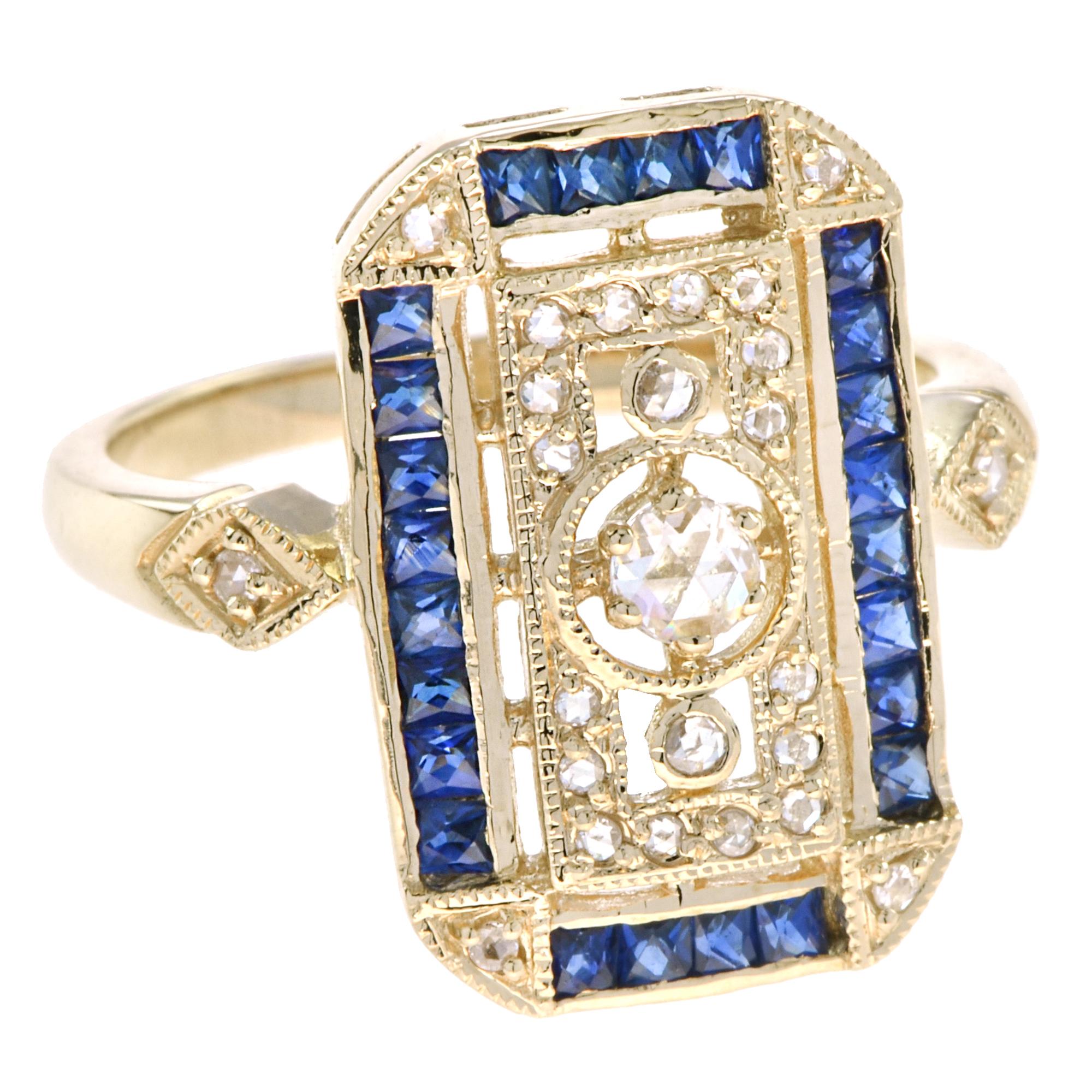 En vente :  Bague filigrane de style ancien en or jaune 14 carats avec diamants et saphirs taille ancienne 2