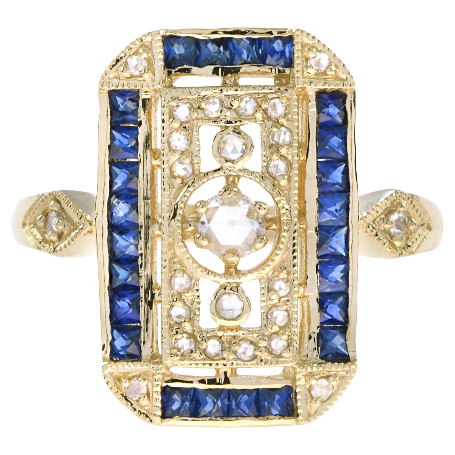 En vente :  Bague filigrane de style ancien en or jaune 14 carats avec diamants et saphirs taille ancienne