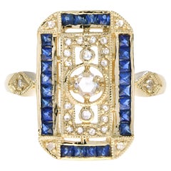 Old Cut Diamond and Sapphire Antique Style Filigree Ring in 14K Yellow Gold