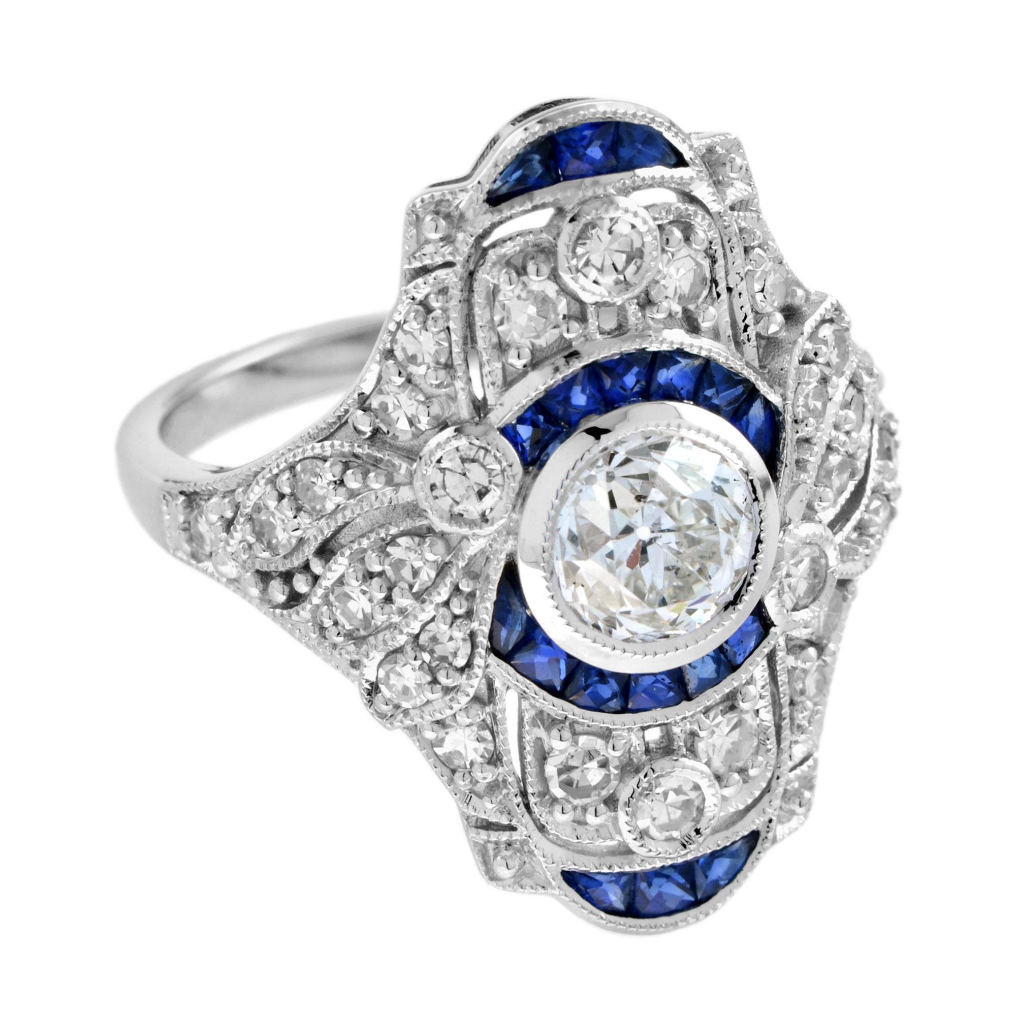 GIA Old Cut Diamond and Sapphire Art Deco Style Dinner Ring in 18k White Gold In New Condition In Bangkok, TH
